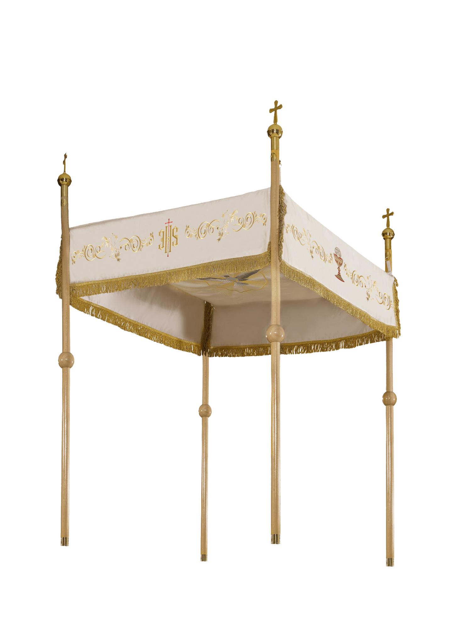 Baldachim kościelny ecru na Boże Ciało, haft Baranka, IHS, kielich, 140×160 cm - alba.pl