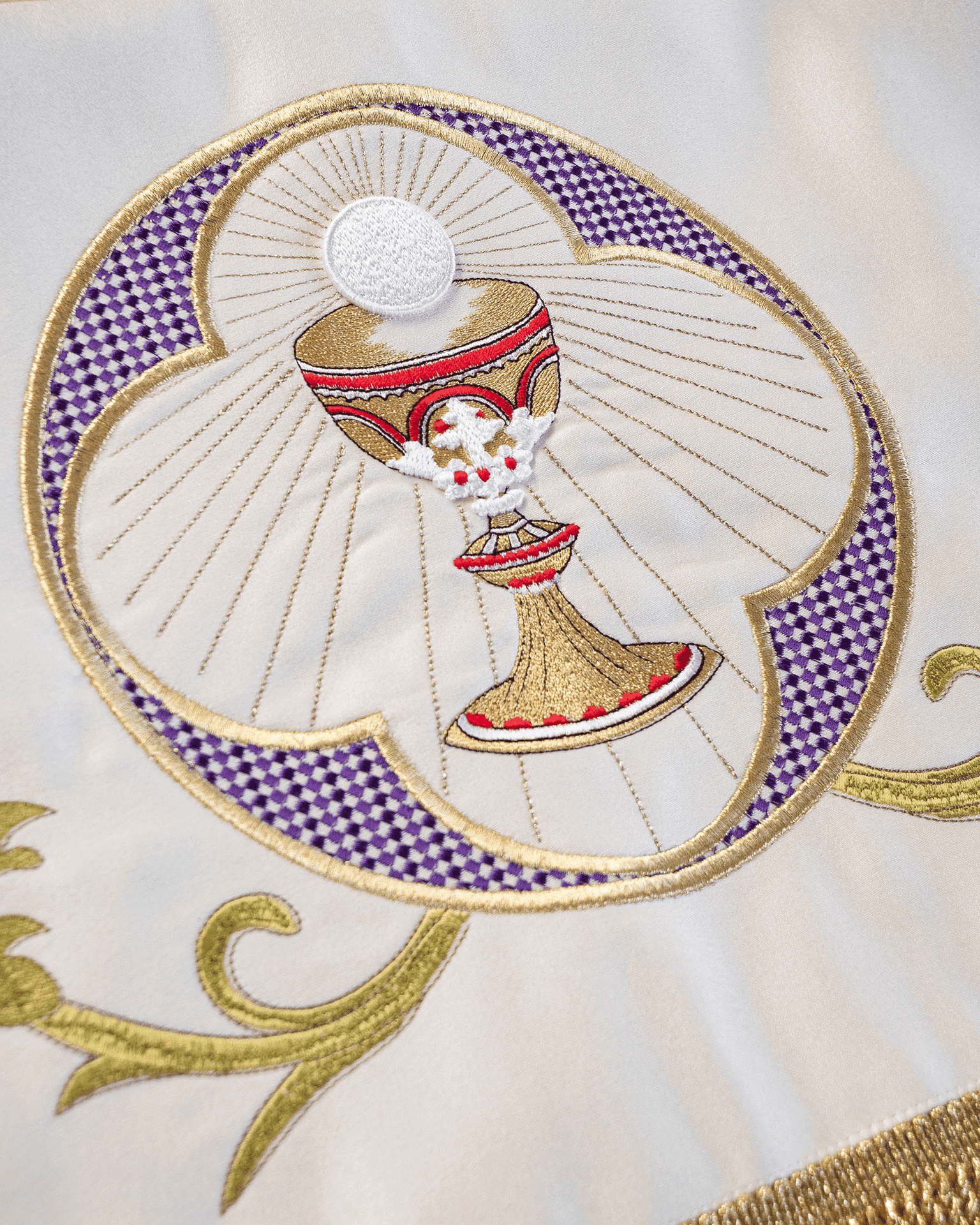 Baldachim procesyjny na Boże Ciało ecru z haftem Baranka Bożego i kielicha, 130×160 cm - alba.pl