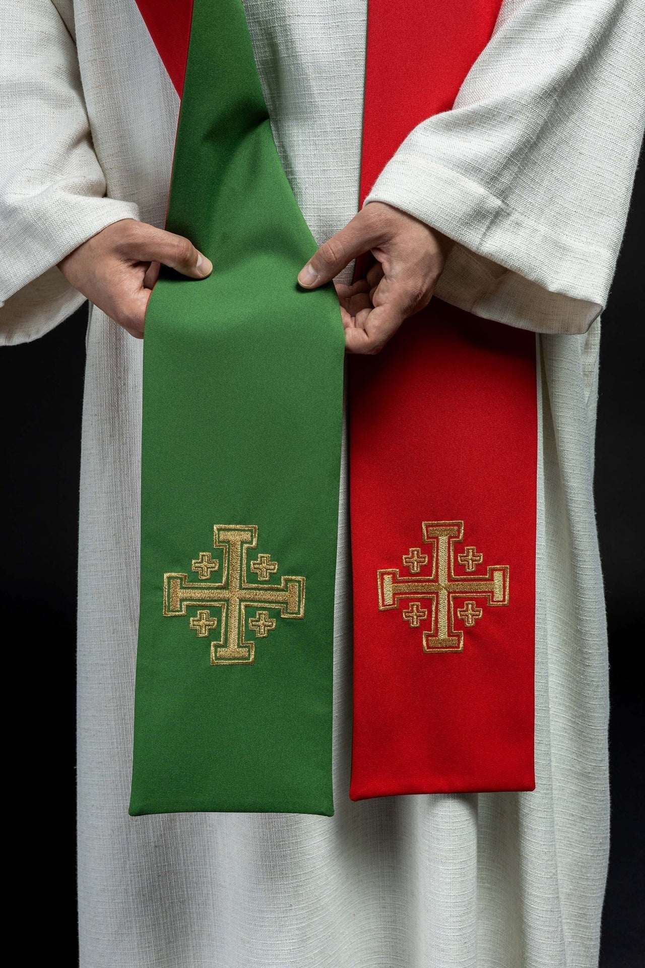Dwustronna Stuła Kapłańska Krzyż Jerozolimski - Zieleń i Czerwień - alba.pl
