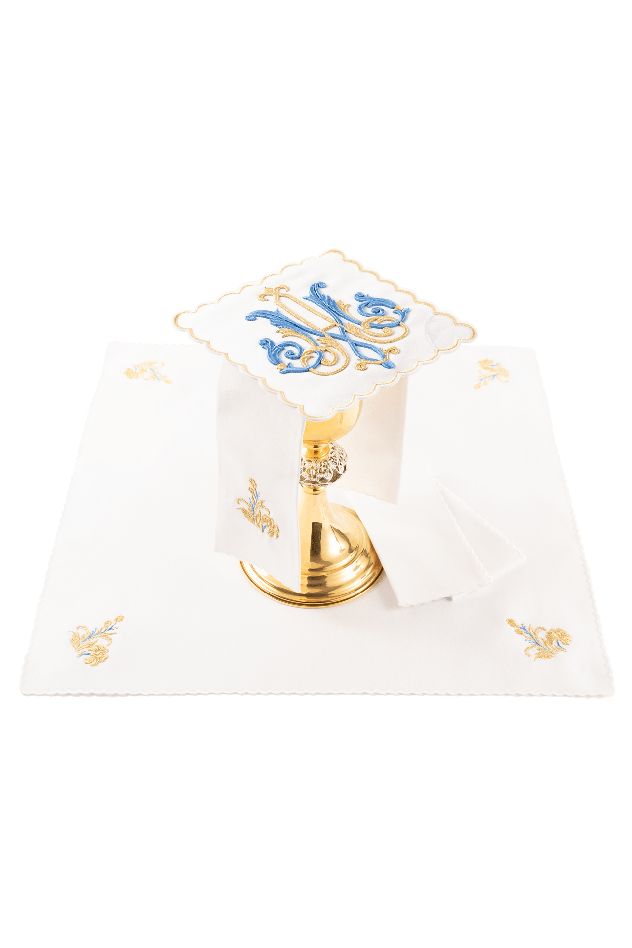Liturgiczny komplet kielichowy z haftowanym motywem maryjnym - alba.pl