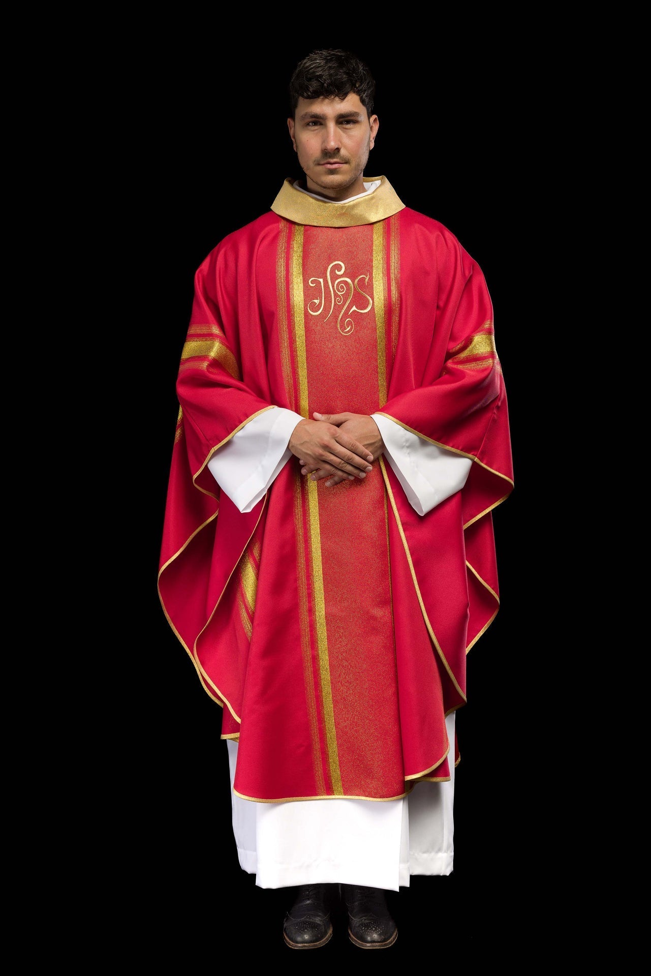 Ornat Czerwony IHS Haftowany Złotem - Elegancki Strój Liturgiczny - alba.pl