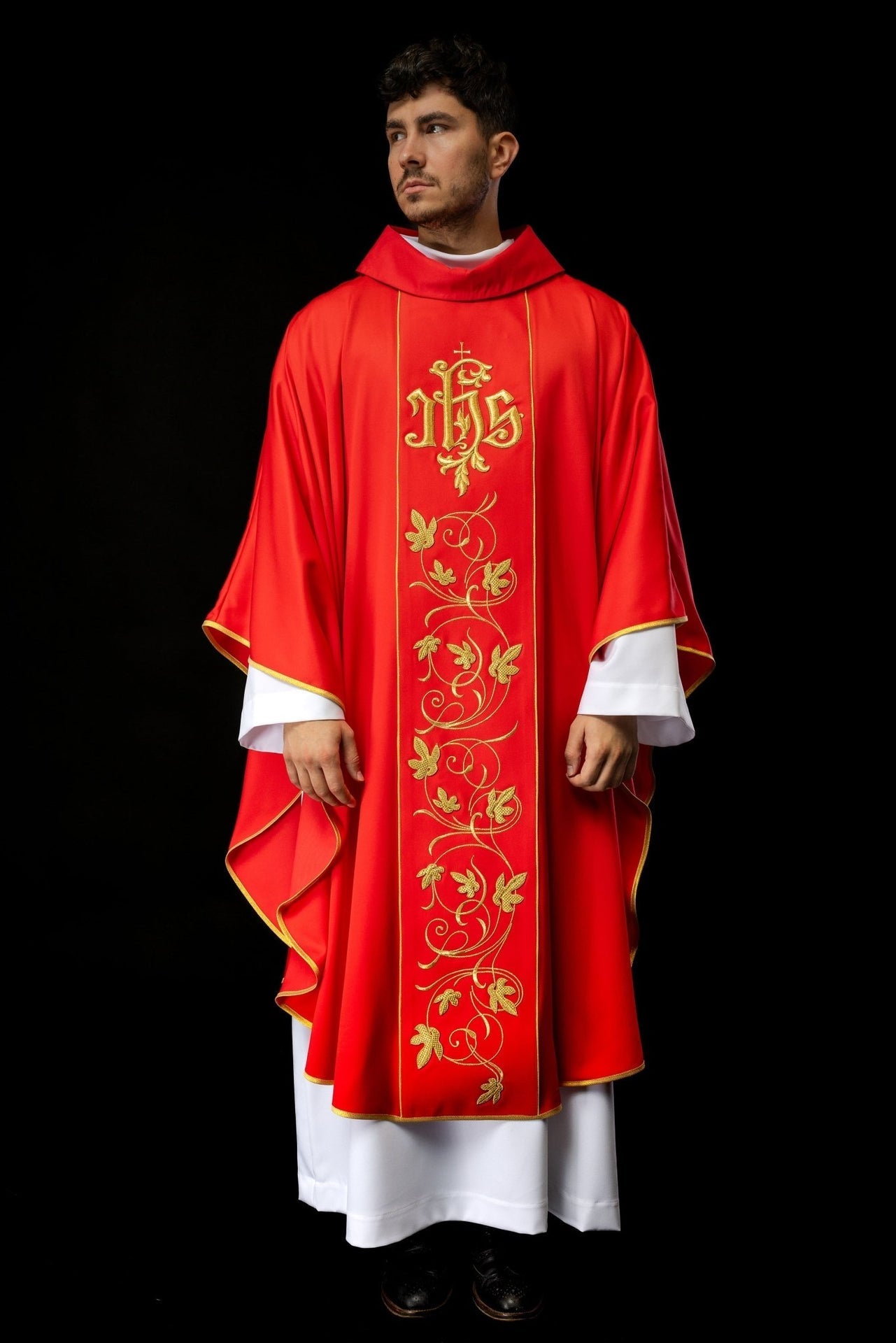 Ornat Czerwony Liturgiczny z Haftem Florystycznym IHS - alba.pl