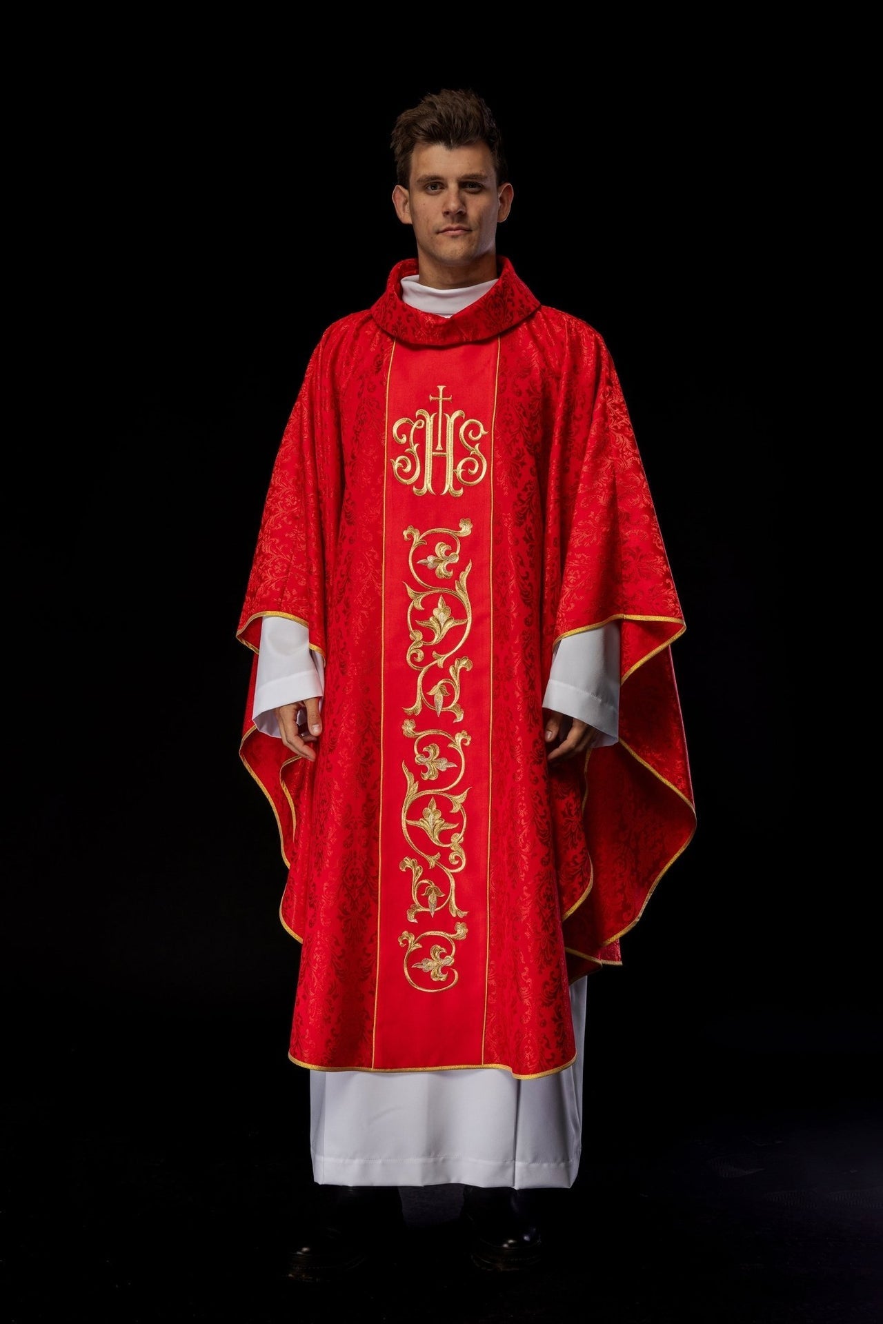 Ornat Czerwony Liturgiczny z Haftowanym Pasem IHS Uszyty w Polsce - alba.pl