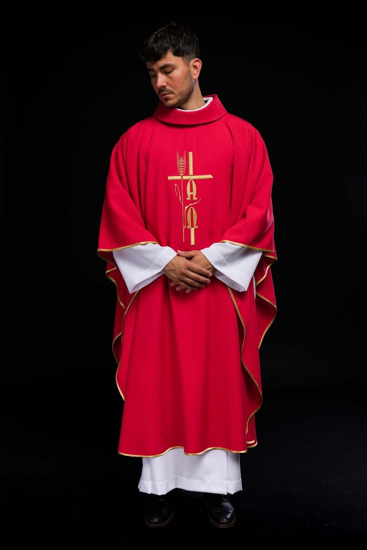 Ornat Czerwony z Haftem Alfa Omega Symbol Eucharystyczny - alba.pl