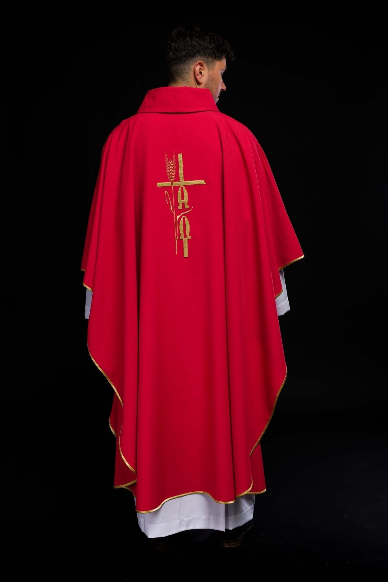 Ornat Czerwony z Haftem Alfa Omega Symbol Eucharystyczny - alba.pl