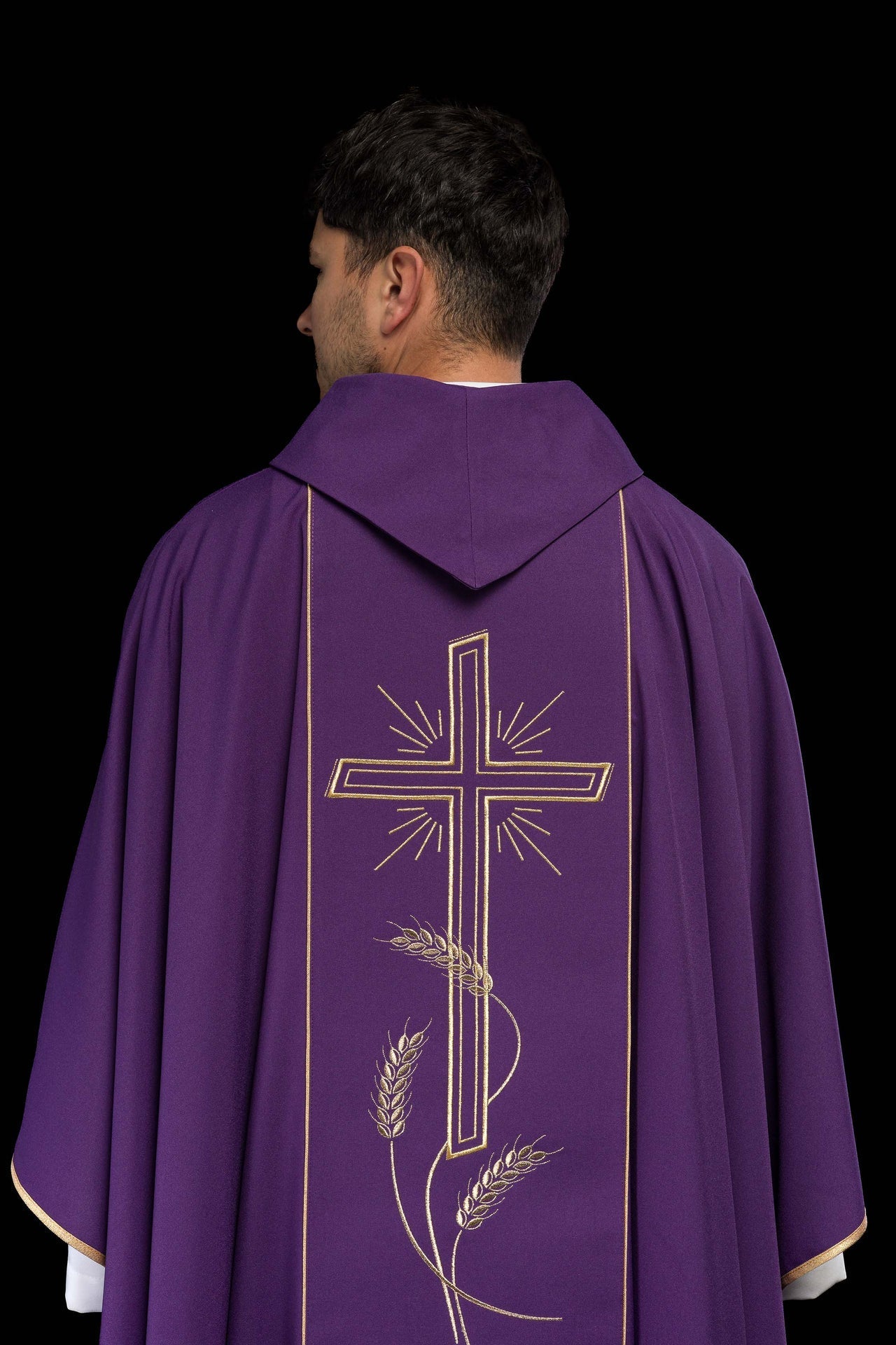 Ornat Fioletowy Złoty Krzyż IHS - Elegancki Strój Liturgiczny - alba.pl