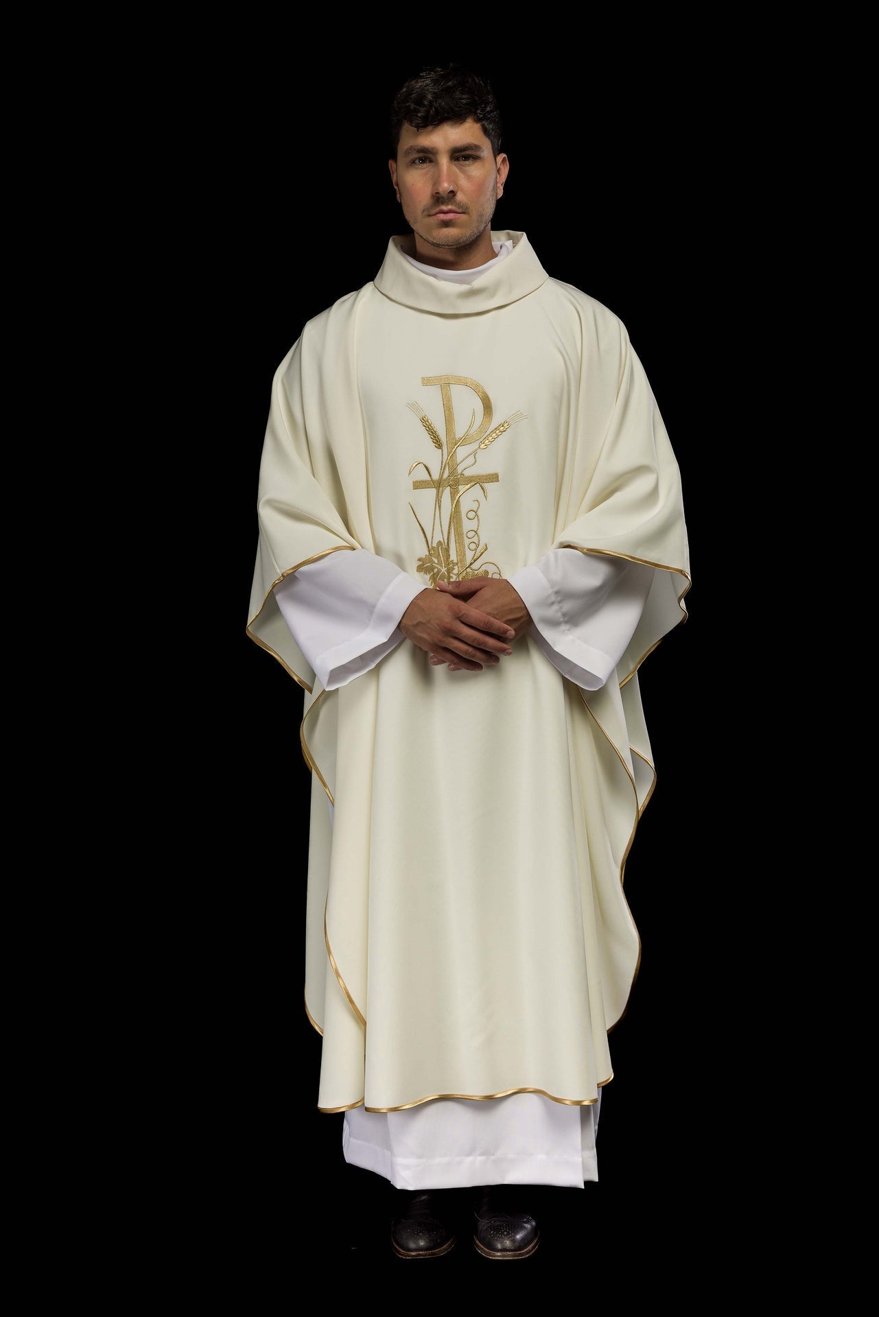 Ornat Liturgiczny Ecru Haft PAX - Złota Lamówka i Stuła - alba.pl