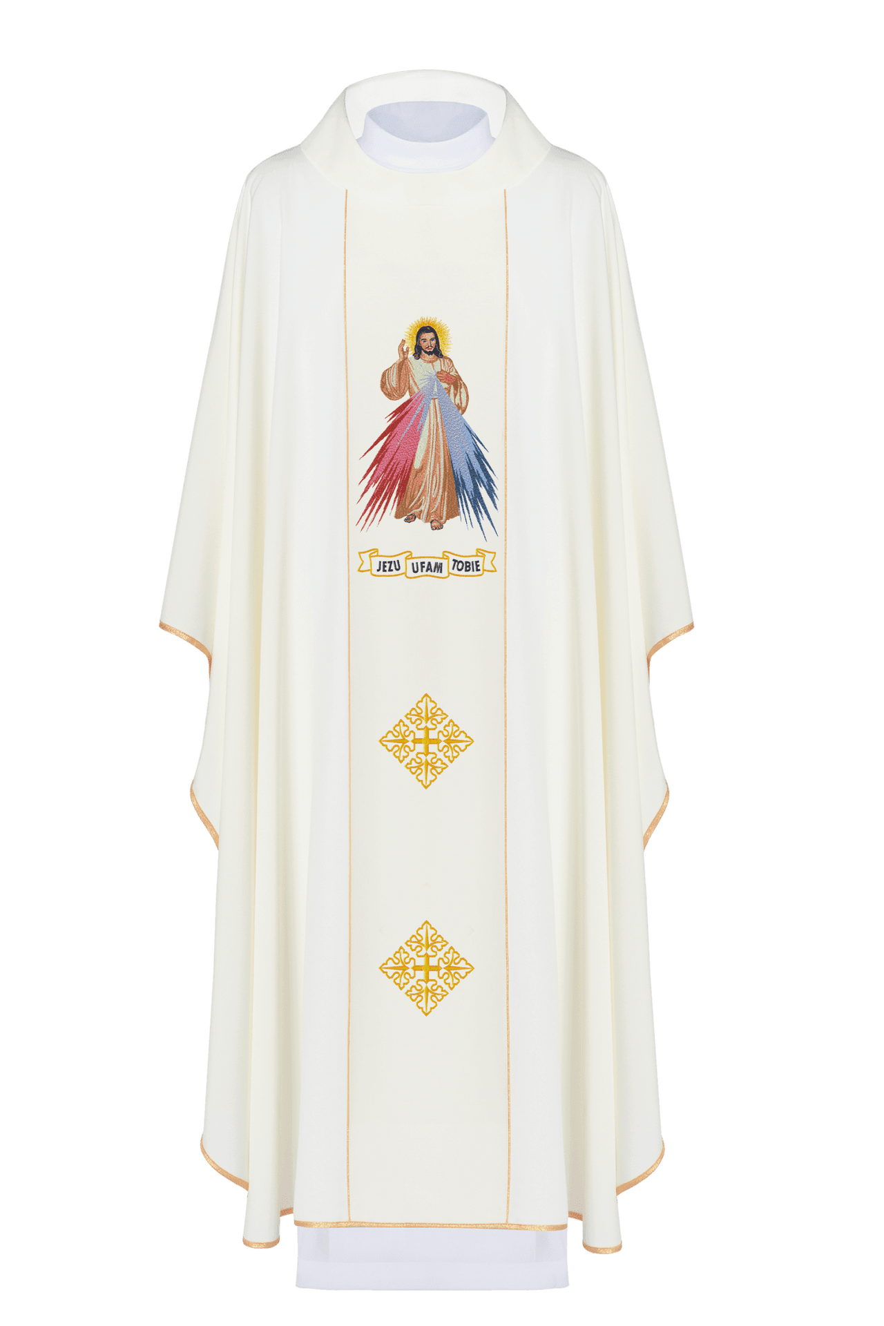 Ornat Liturgiczny Ecru z Haftem Jezus Miłosierny IHS - alba.pl