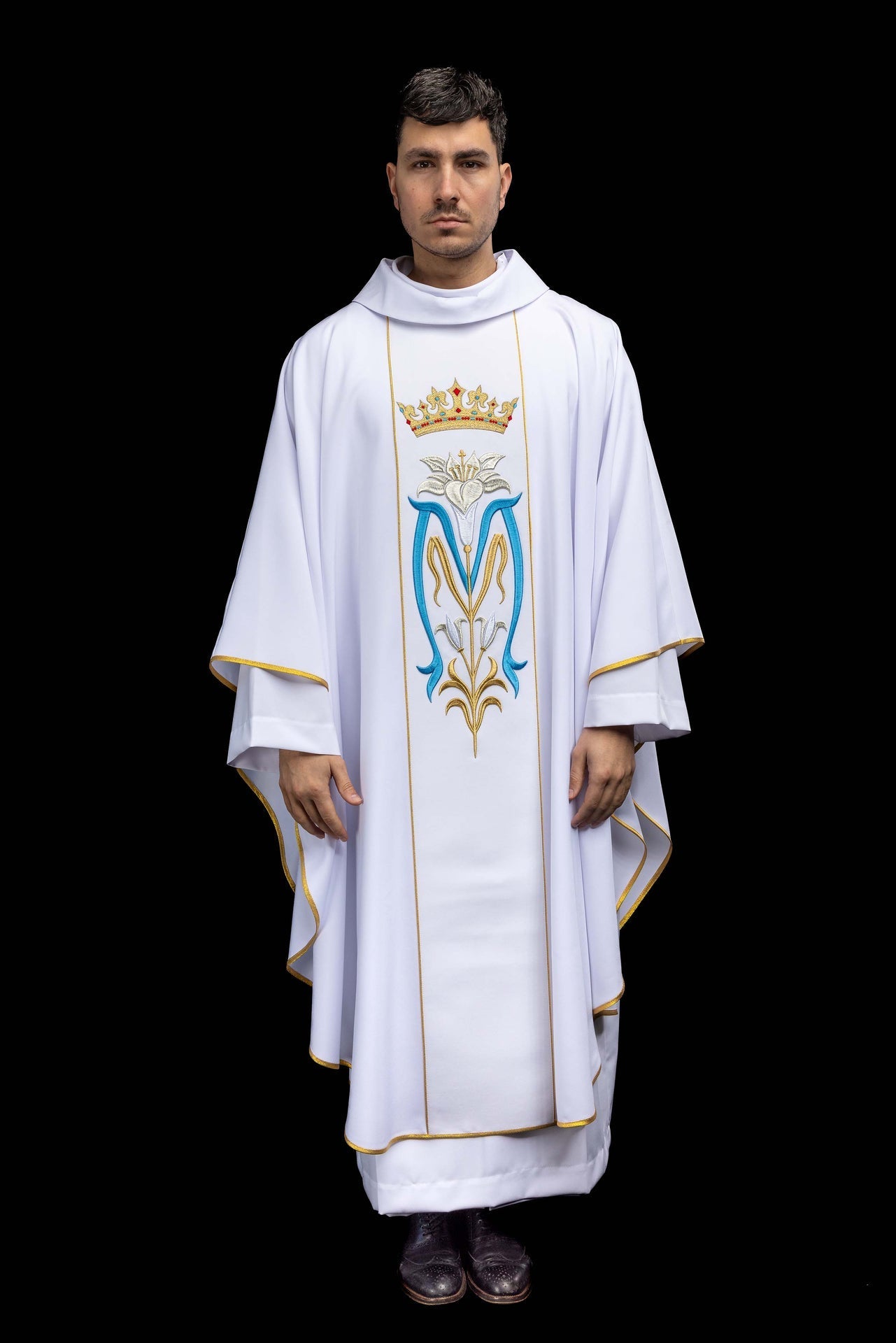 Ornat liturgiczny Maryjny haftowany z koroną biały - alba.pl