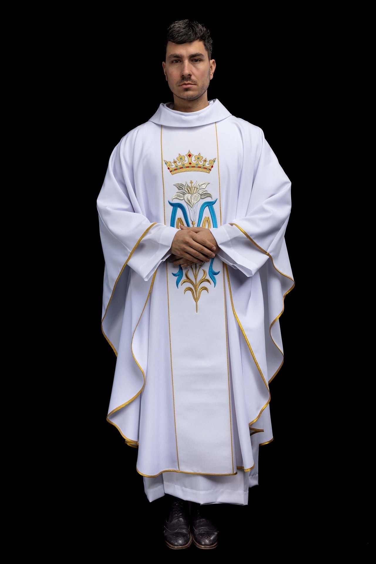 Ornat liturgiczny Maryjny haftowany z koroną biały - alba.pl