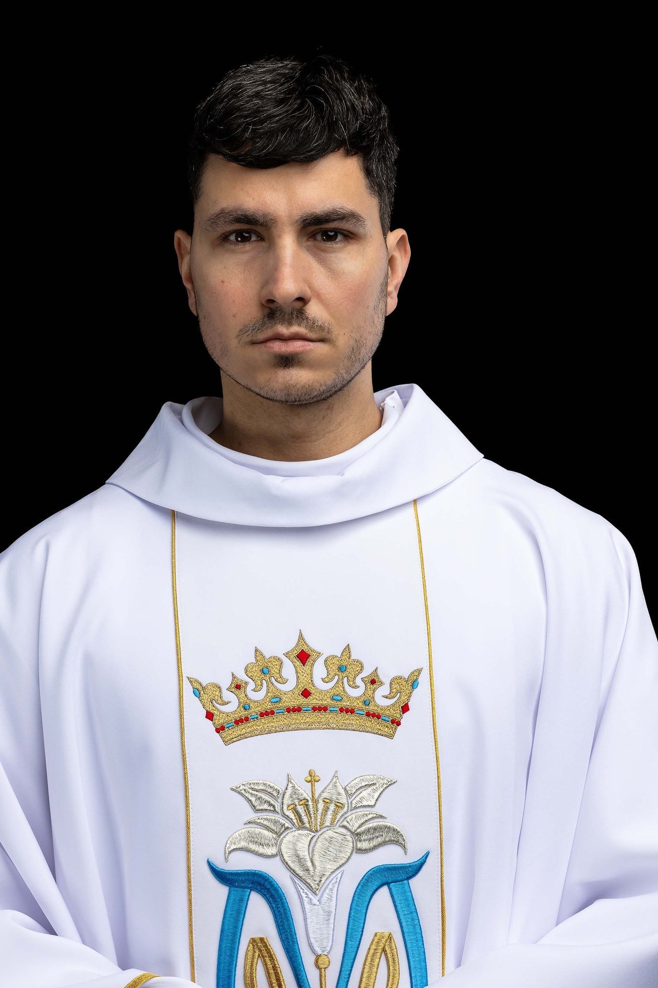 Ornat liturgiczny Maryjny haftowany z koroną biały - alba.pl