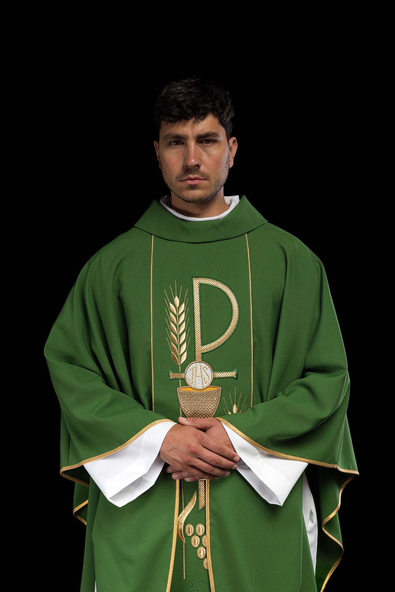 Ornat Liturgiczny Zielony Haftowany Kielich IHS - Elegancki Wzór - alba.pl