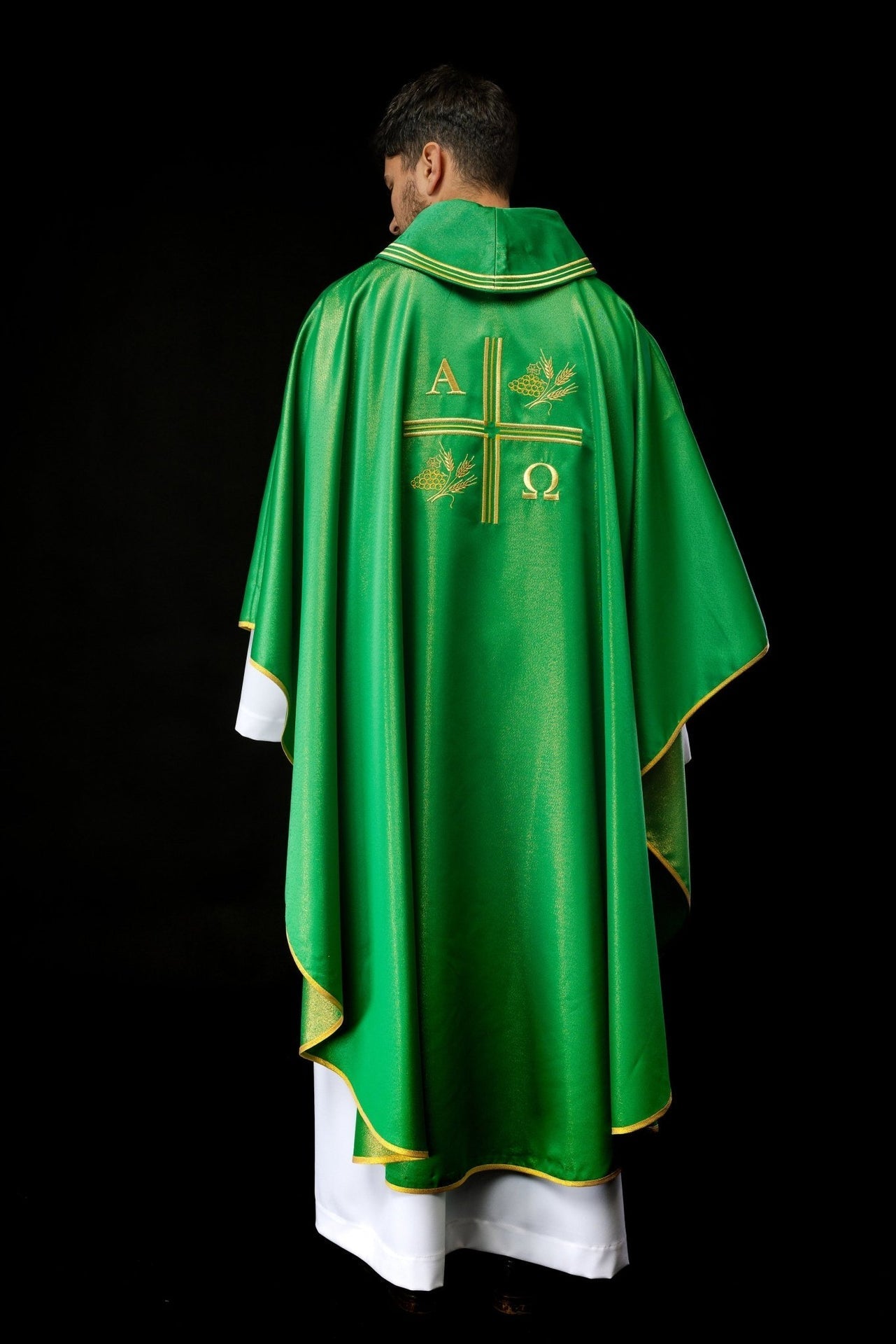 Ornat Liturgiczny Zielony z Haftem Krzyża, Alfa i Omegi - alba.pl