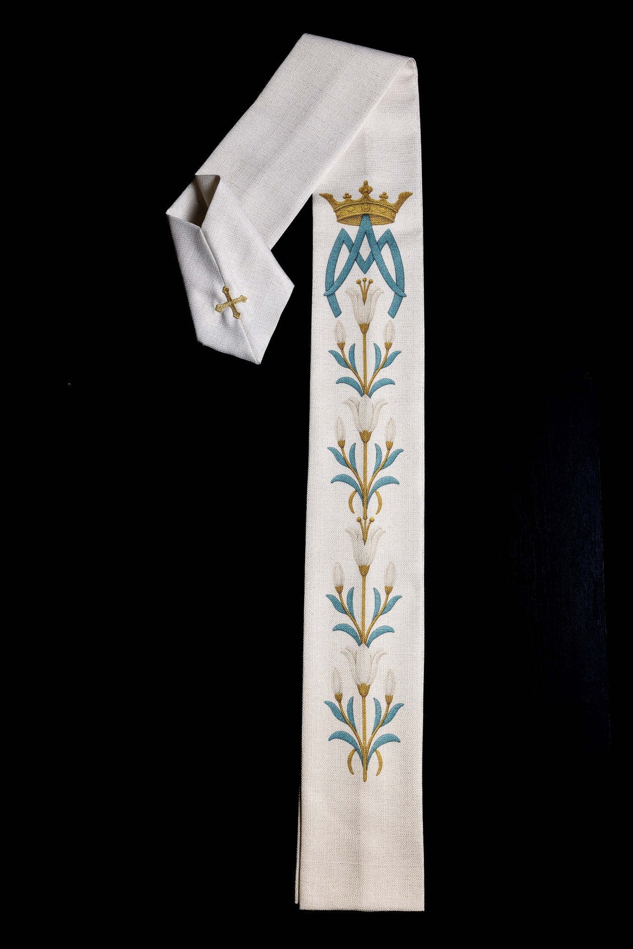 Ornat Maryjny Kremowy z Liliami i Monogramem AM Drukowany - alba.pl