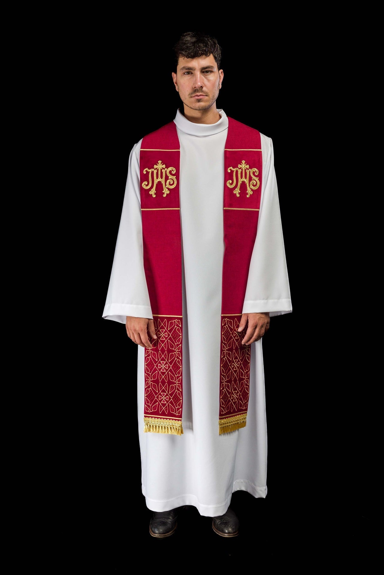Stuła Aksamitna Haftowana IHS Czerwona Liturgiczna - alba.pl