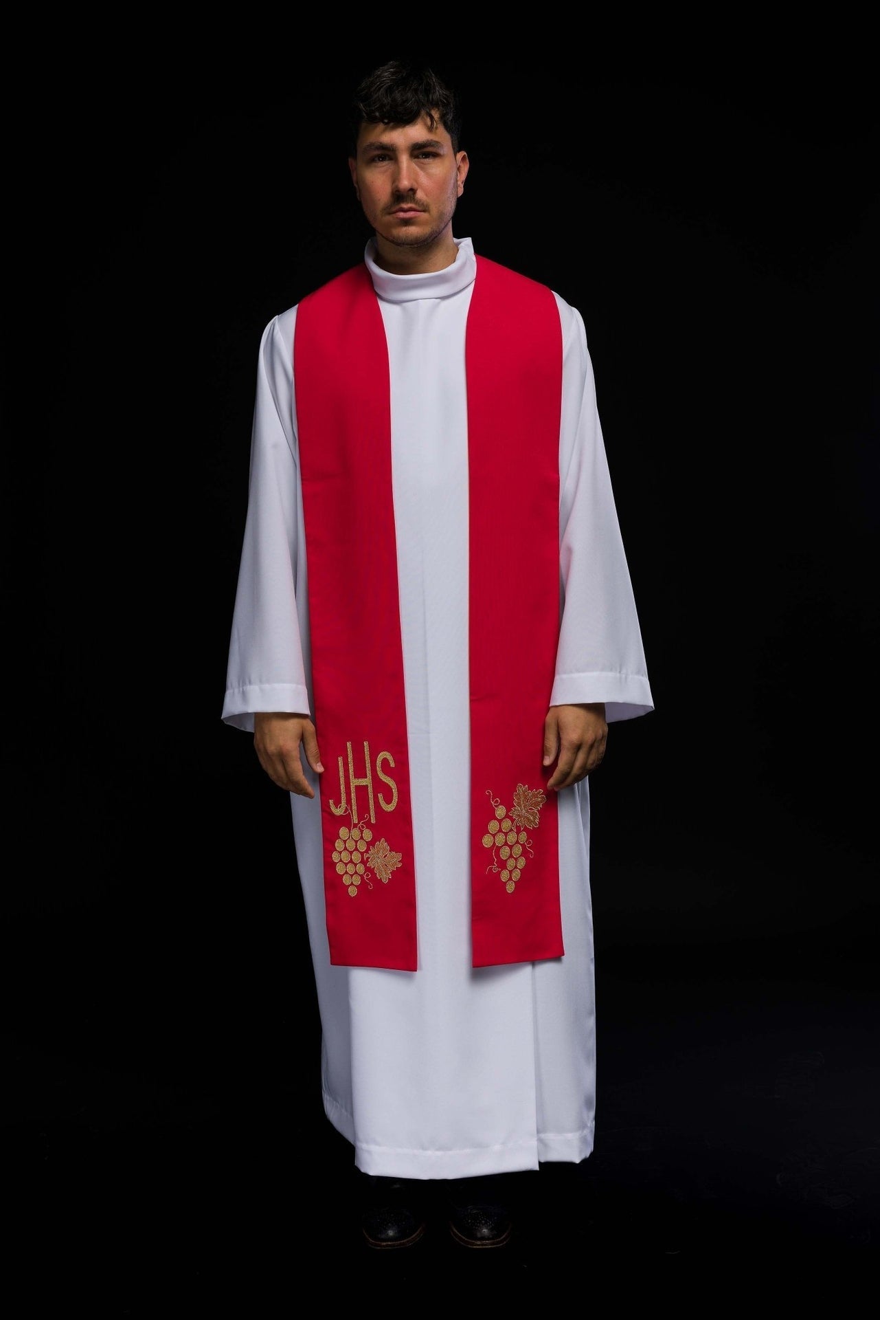 Stuła Kapłańska Czerwona Haft IHS Winogrona - Elegancka Liturgia - alba.pl