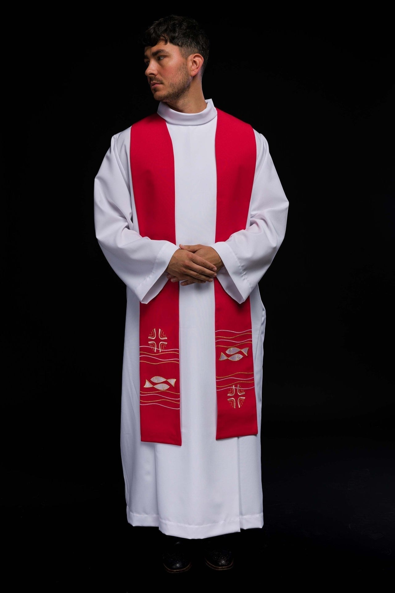 Stuła Kapłańska Czerwona Haftowana w Ryby - Elegancka Liturgiczna - alba.pl