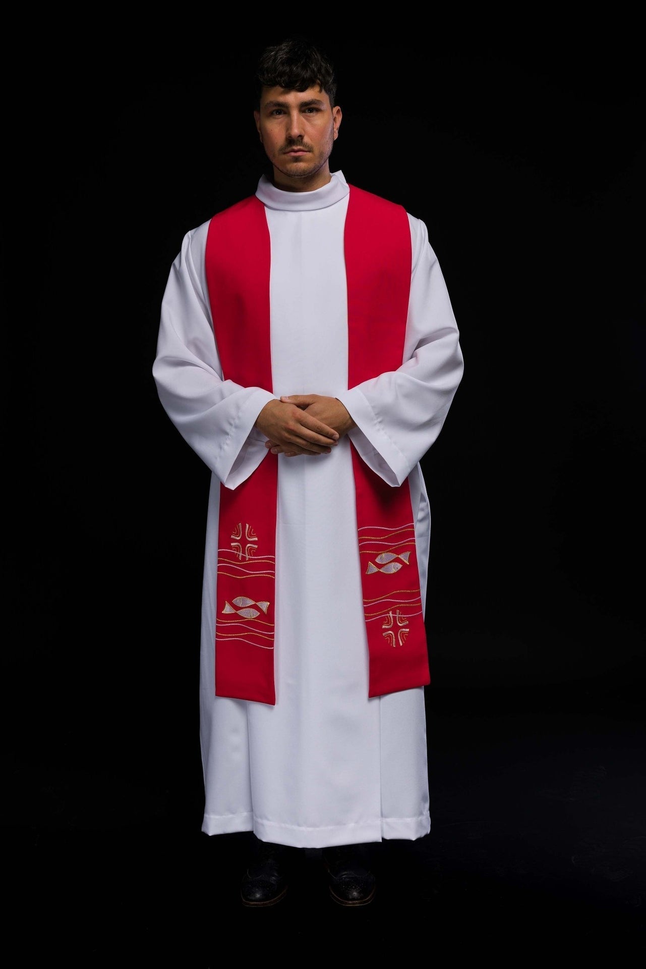 Stuła Kapłańska Czerwona Haftowana w Ryby - Elegancka Liturgiczna - alba.pl