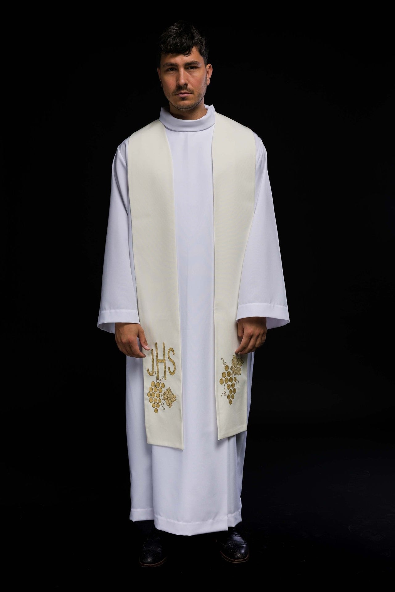 Stuła Kapłańska Ecru Haft IHS i Winogrona - Elegancka Liturgia - alba.pl