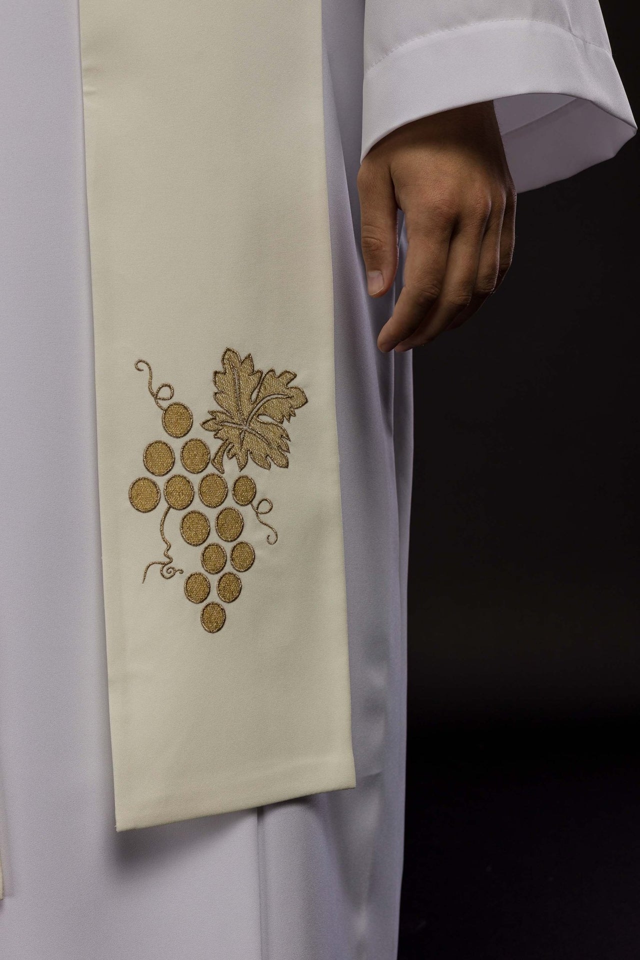 Stuła Kapłańska Ecru Haft IHS i Winogrona - Elegancka Liturgia - alba.pl