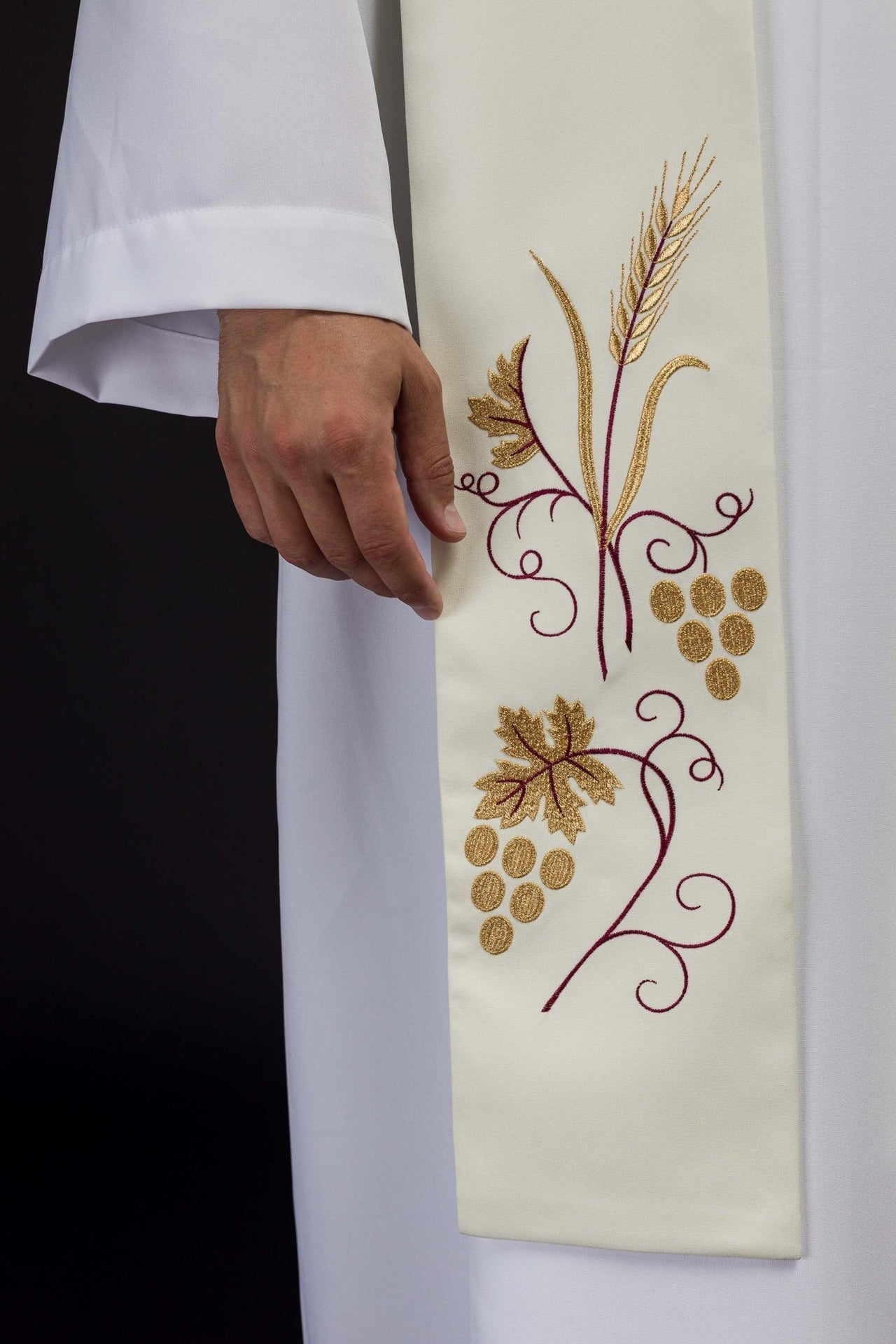 Stuła Kapłańska Ecru Haft Winogrona i Kłosy - Symbolika Eucharystyczna - alba.pl