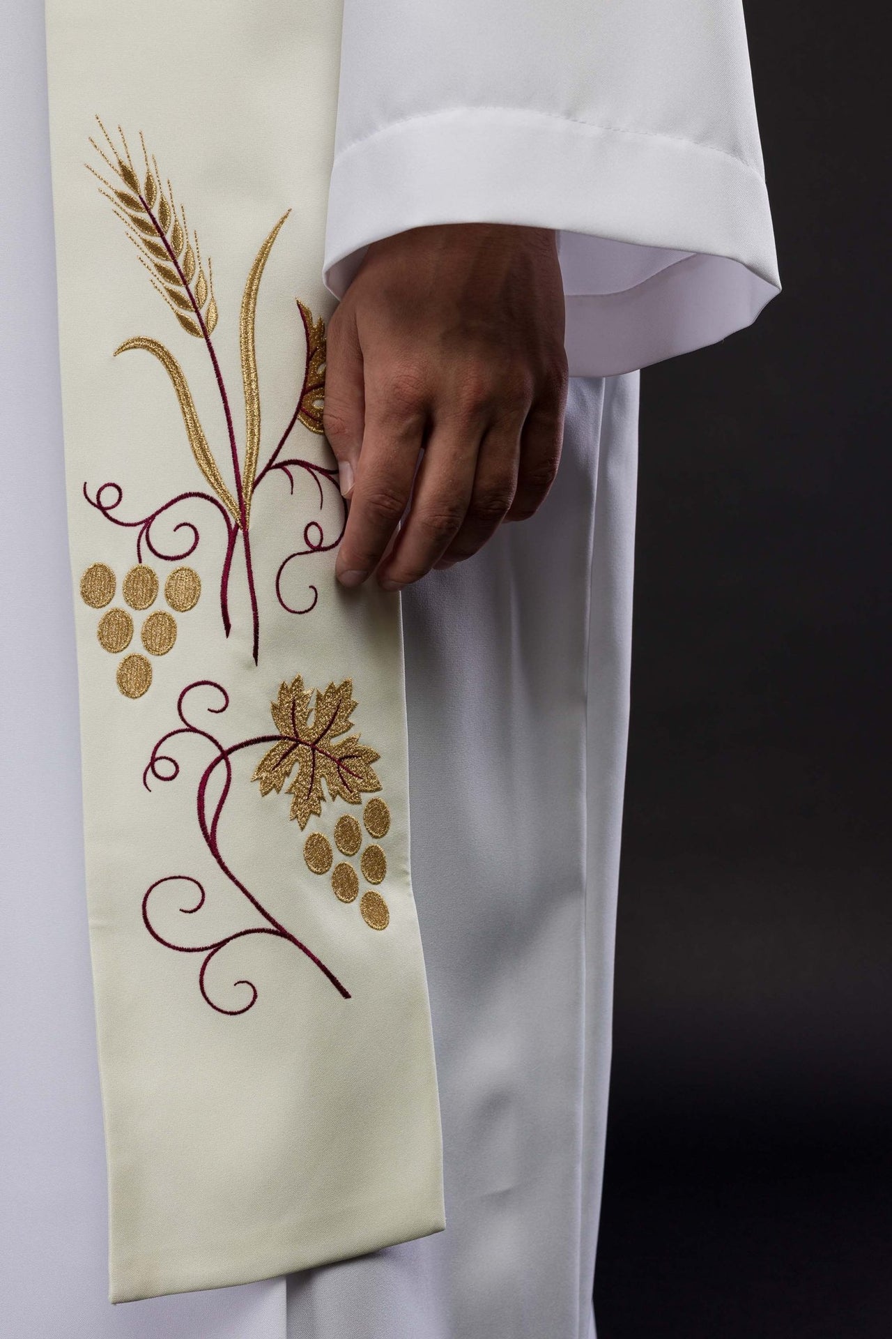Stuła Kapłańska Ecru Haft Winogrona i Kłosy - Symbolika Eucharystyczna - alba.pl