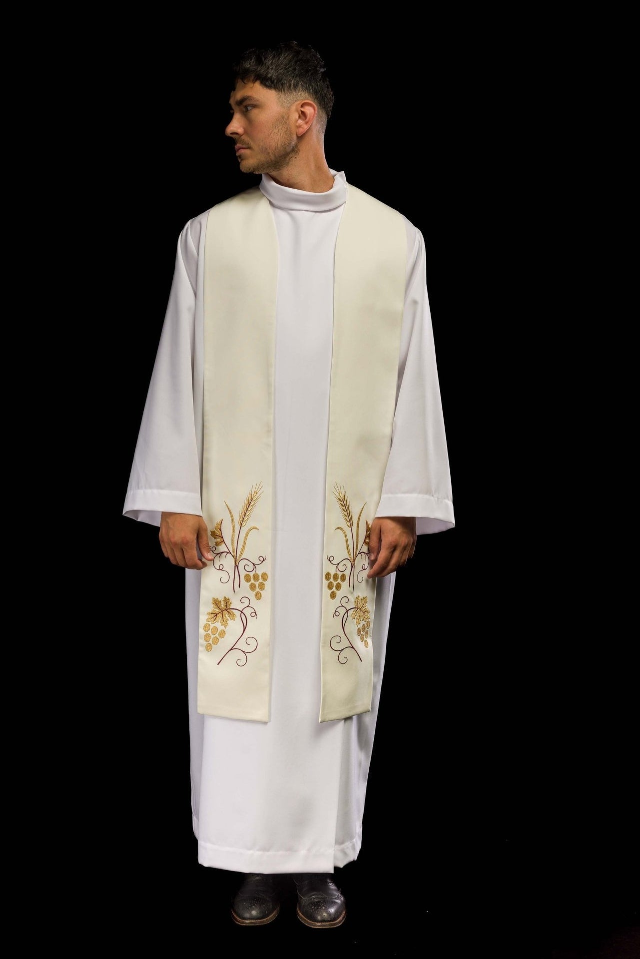 Stuła Kapłańska Ecru Haft Winogrona i Kłosy - Symbolika Eucharystyczna - alba.pl