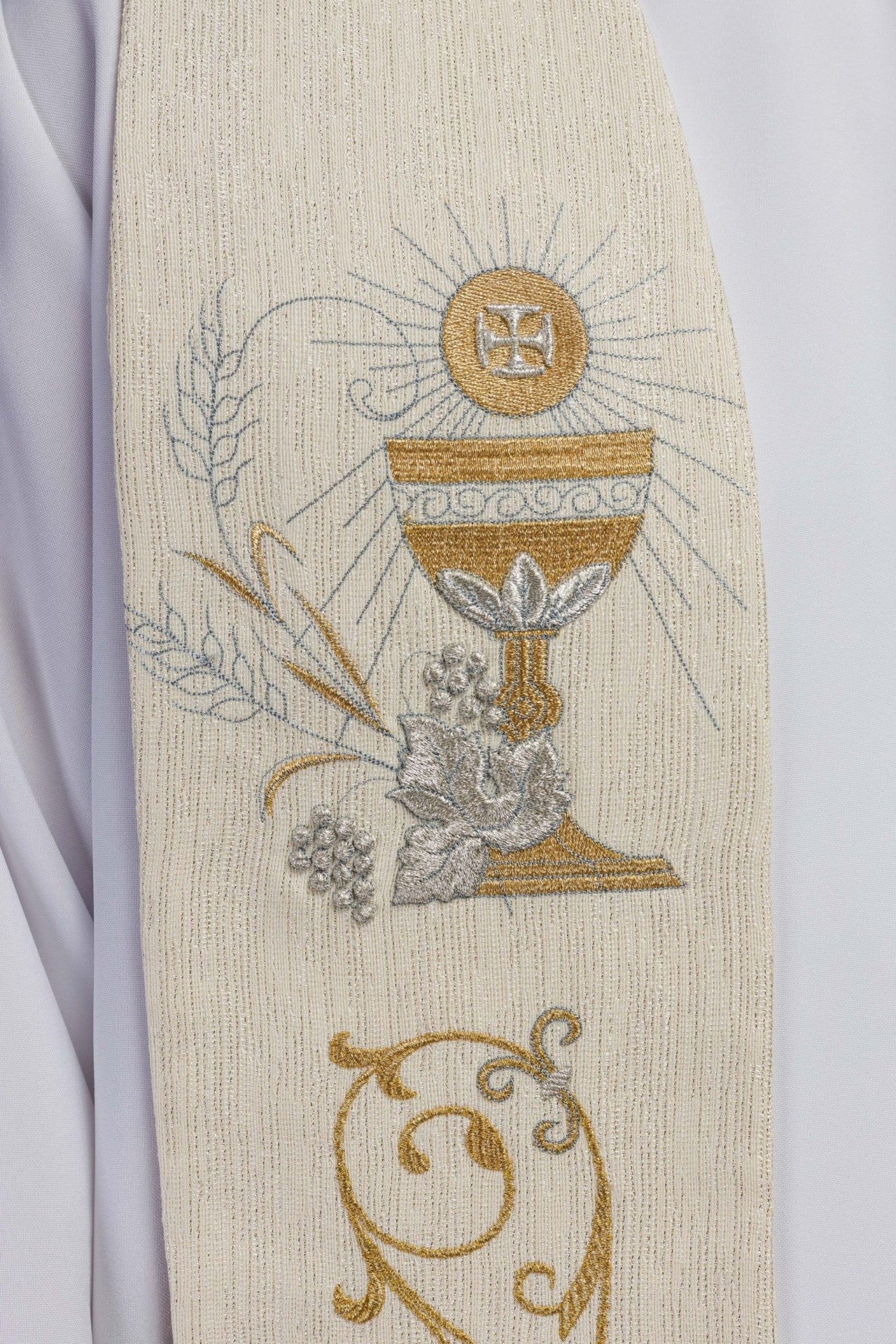 Stuła Kapłańska Ecru IHS Kielich Eucharystyczny Haft 3D - alba.pl