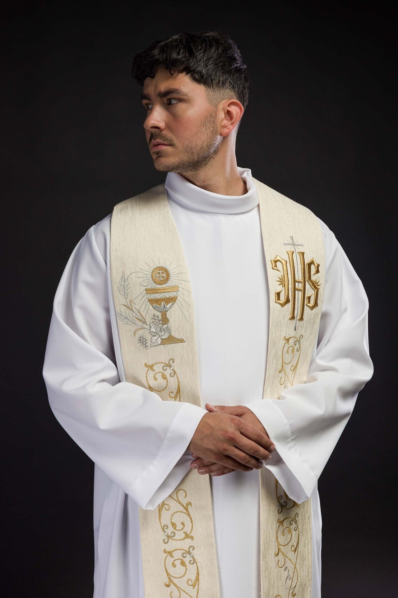 Stuła Kapłańska Ecru IHS Kielich Eucharystyczny Haft 3D - alba.pl