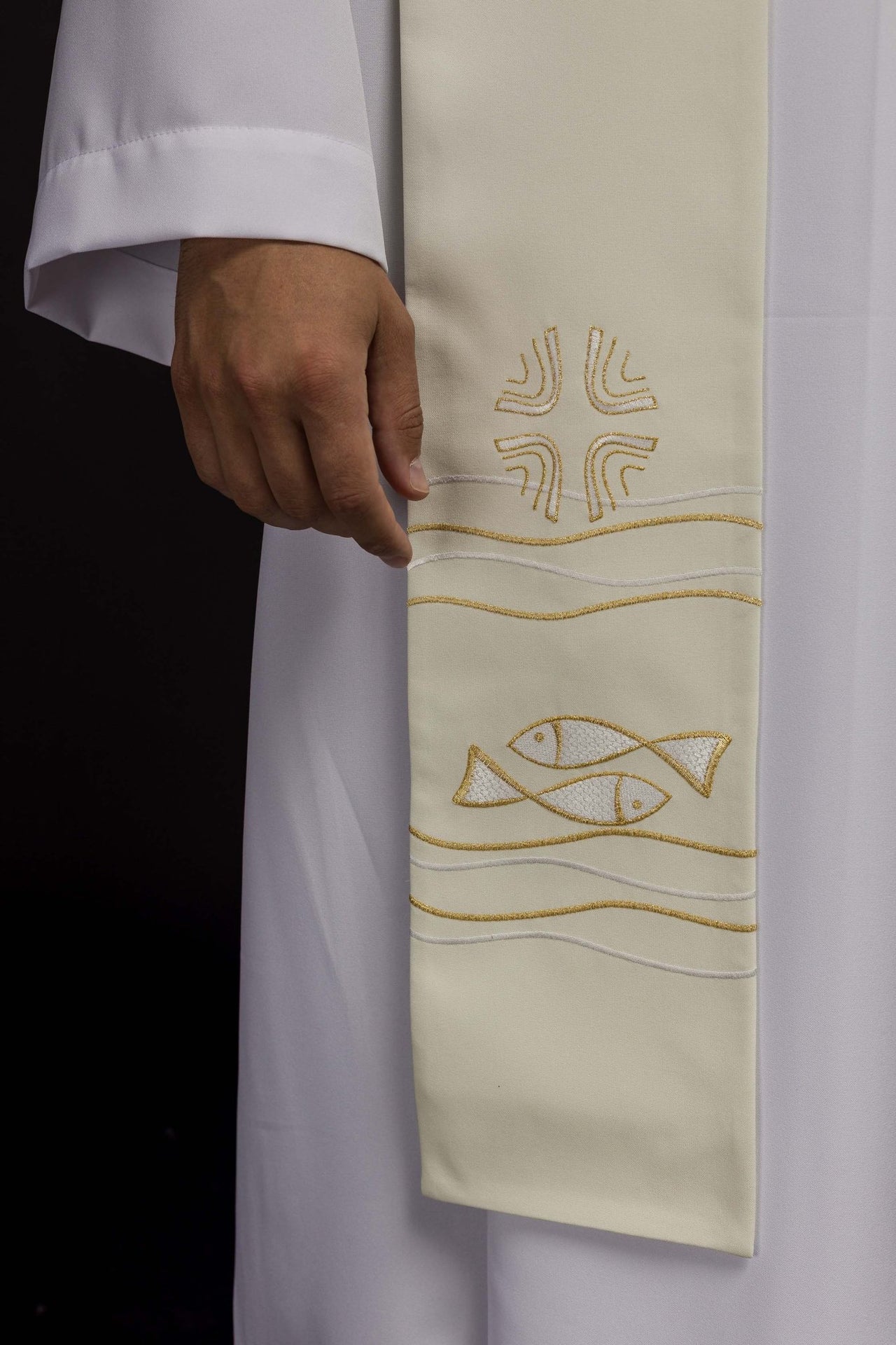 Stuła Kapłańska Ecru z Haftem Ryb - Symbol Wiary - alba.pl