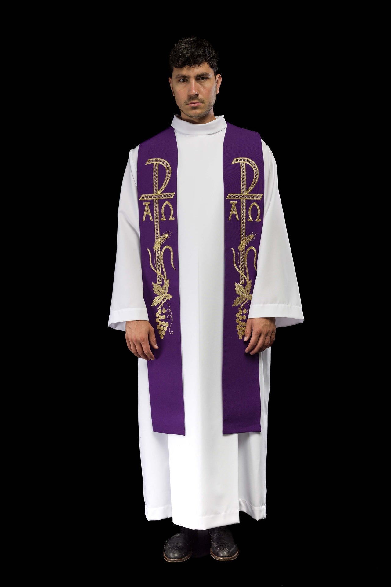 Stuła Kapłańska Fioletowa Haftowana Alfa i Omega - Elegancka Liturgia - alba.pl