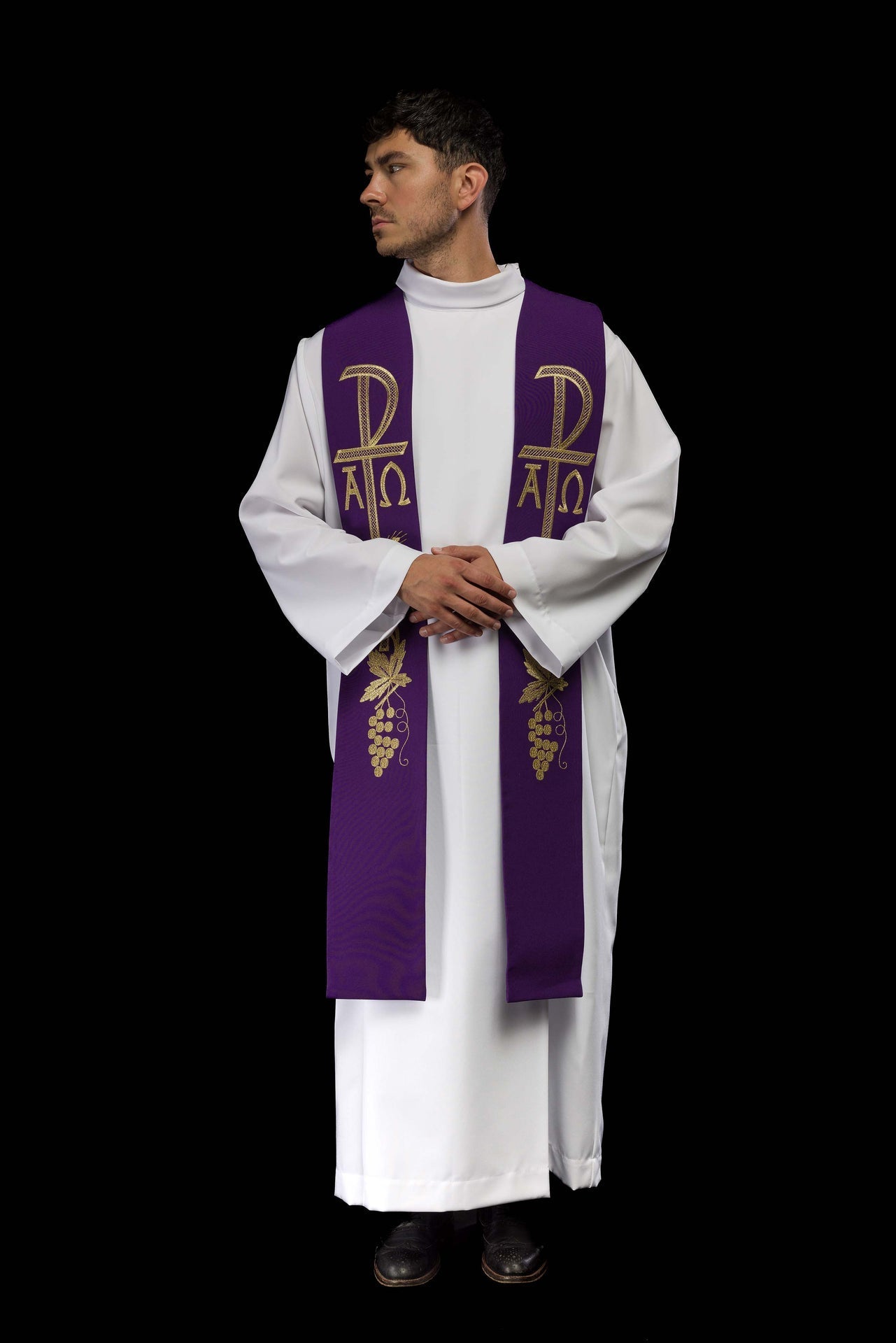 Stuła Kapłańska Fioletowa Haftowana Alfa i Omega - Elegancka Liturgia - alba.pl