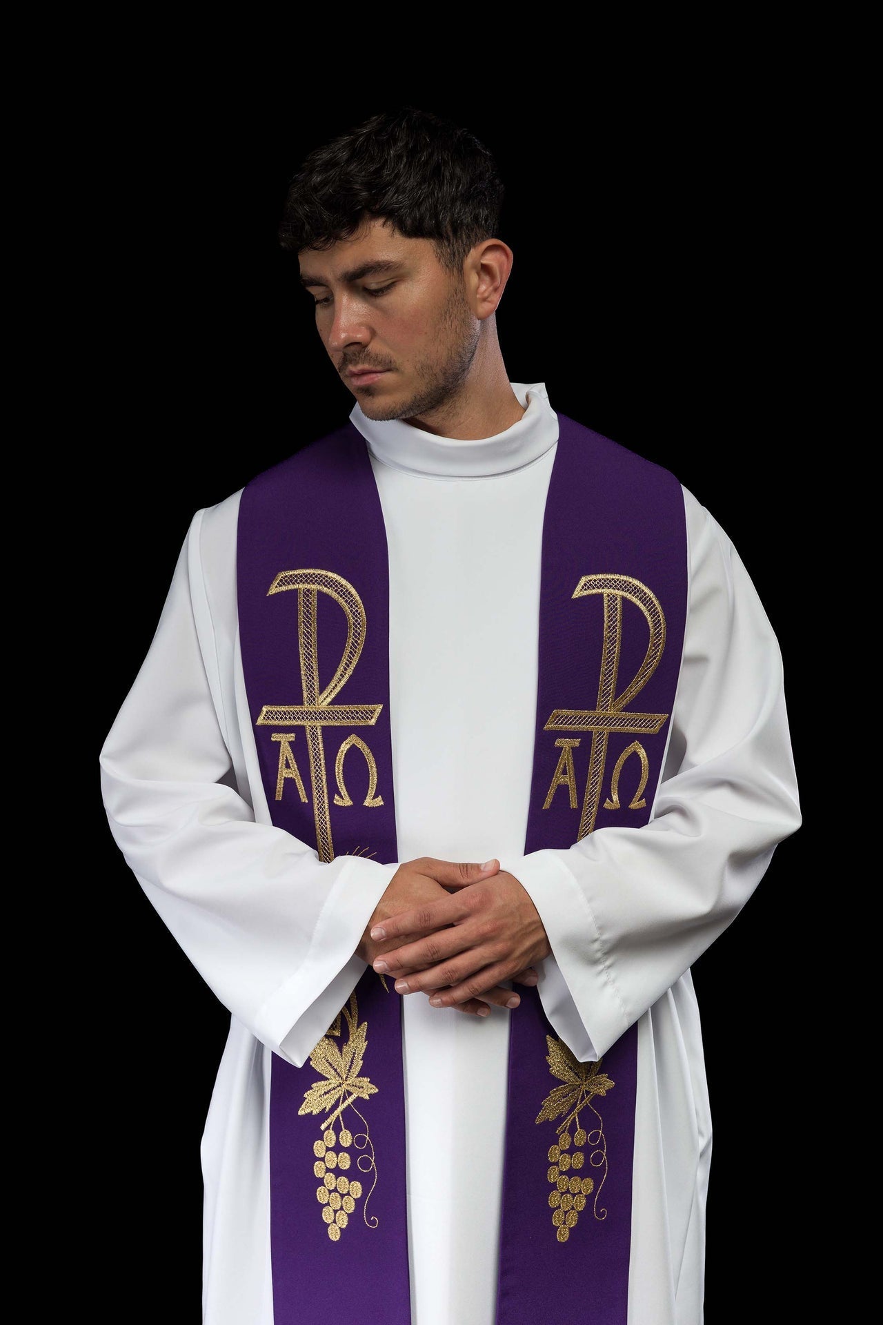 Stuła Kapłańska Fioletowa Haftowana Alfa i Omega - Elegancka Liturgia - alba.pl