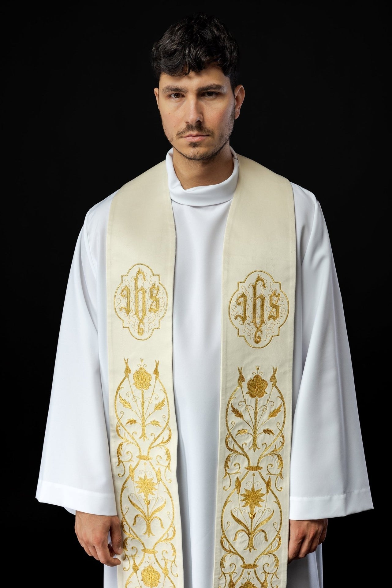 Stuła Kapłańska Haftowana Ecru IHS - Elegancka Liturgia - alba.pl