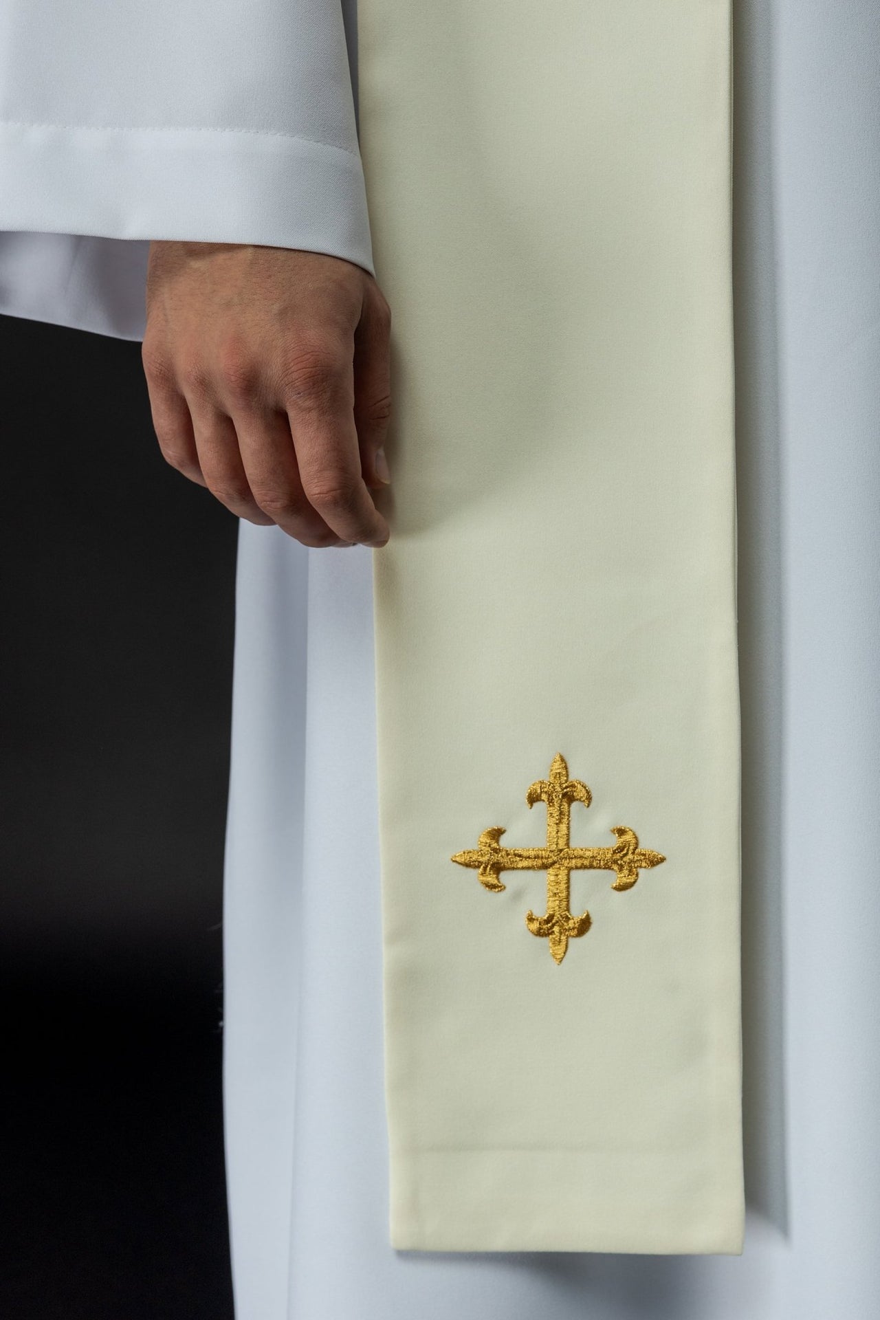 Stuła Kapłańska Haftowana Krzyż, IHS i Serce Jezusa - Ecru - alba.pl