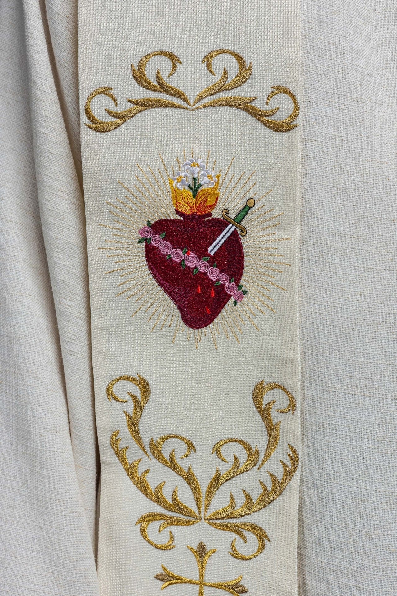 Stuła Kapłańska Haftowana Serce Jezusa i Maryi Ecru - alba.pl