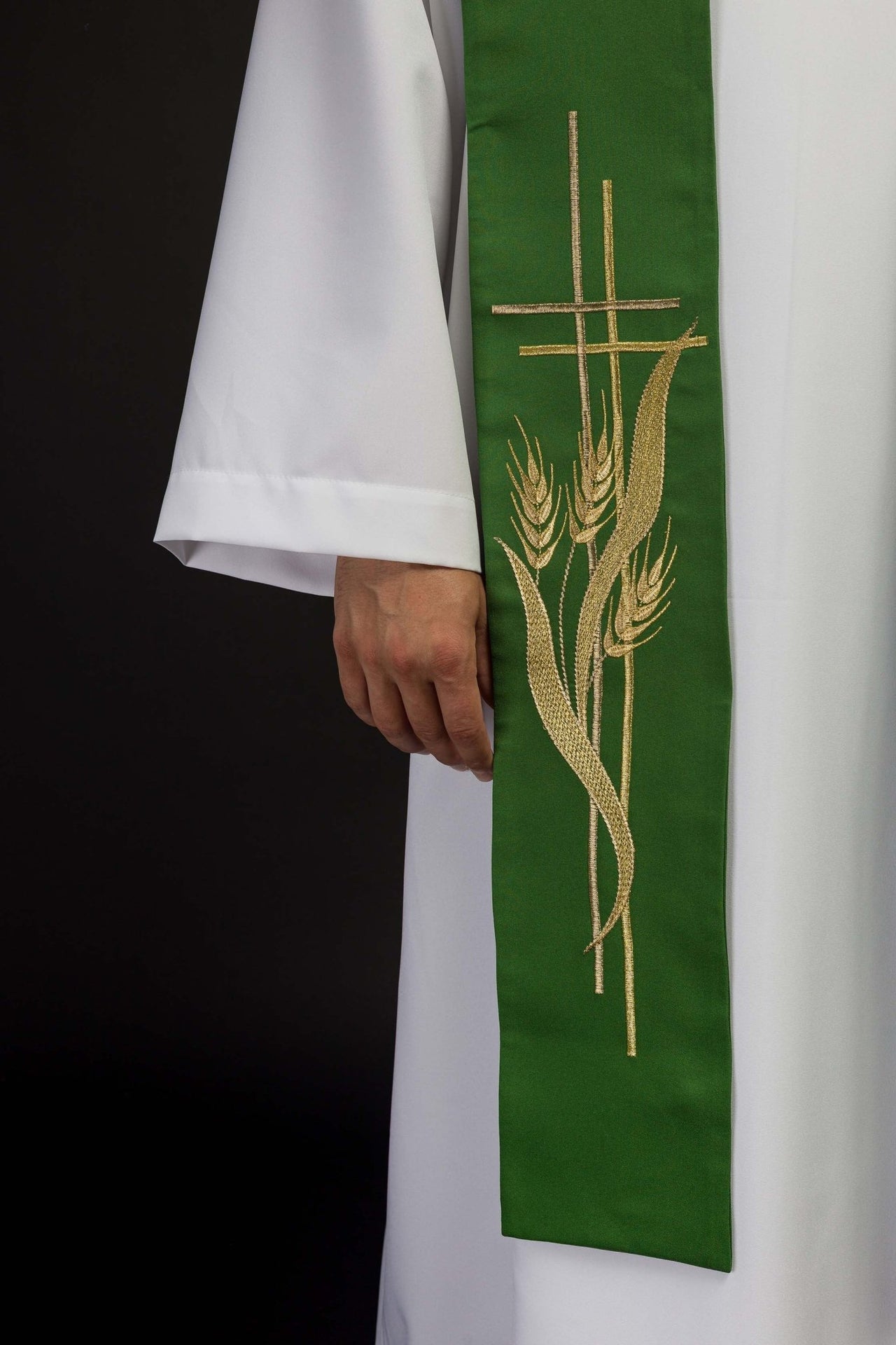 Stuła Kapłańska Zielona z Haftem Krzyża i Kłosów - alba.pl