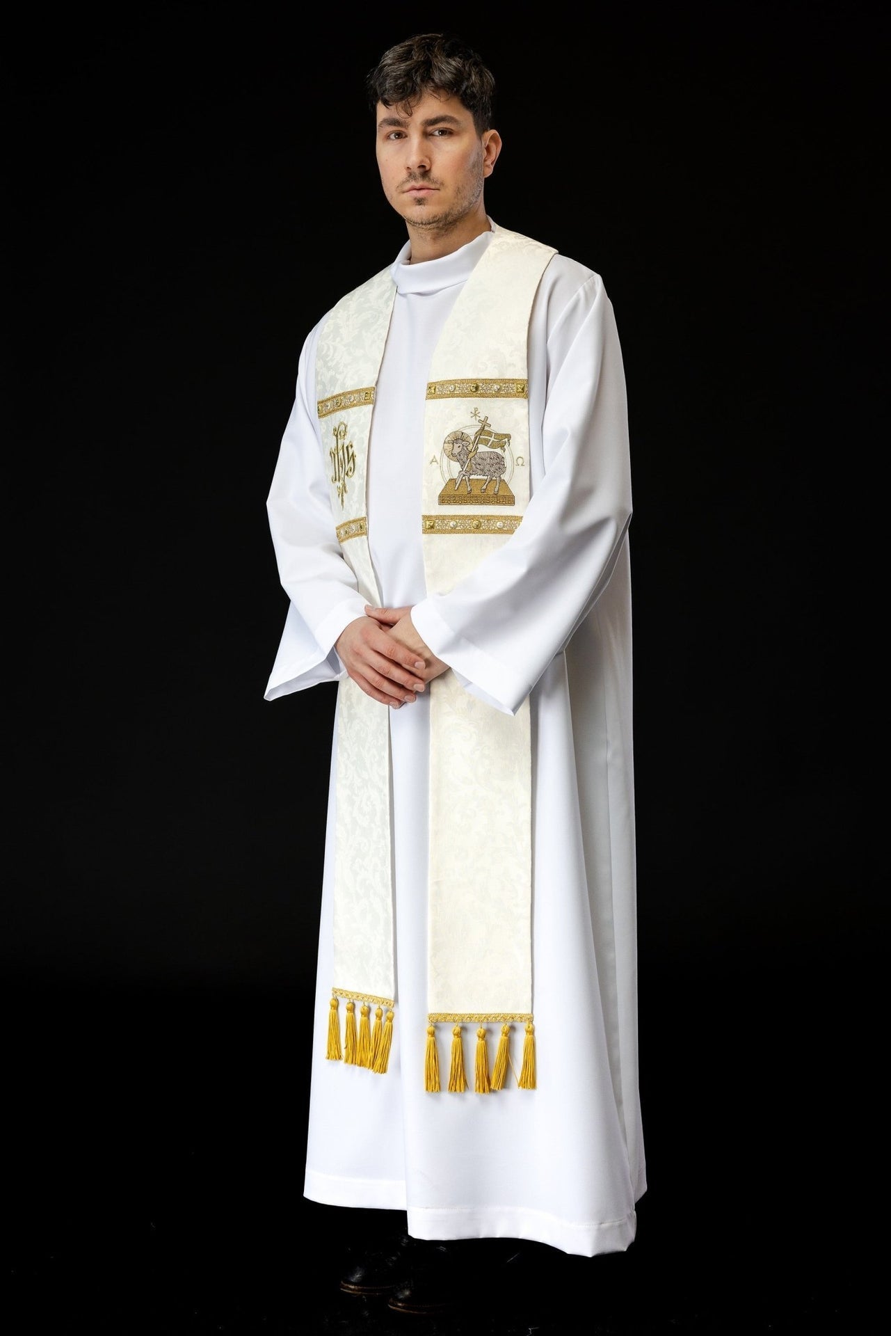 Stuła Liturgiczna Ecru z Haftem Baranka Wielkanocnego i IHS - alba.pl