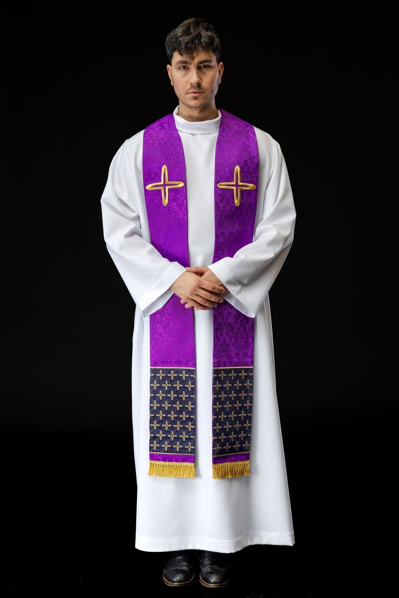 Stuła Liturgiczna Fioletowa z Haftem Krzyży Żakardowa - alba.pl