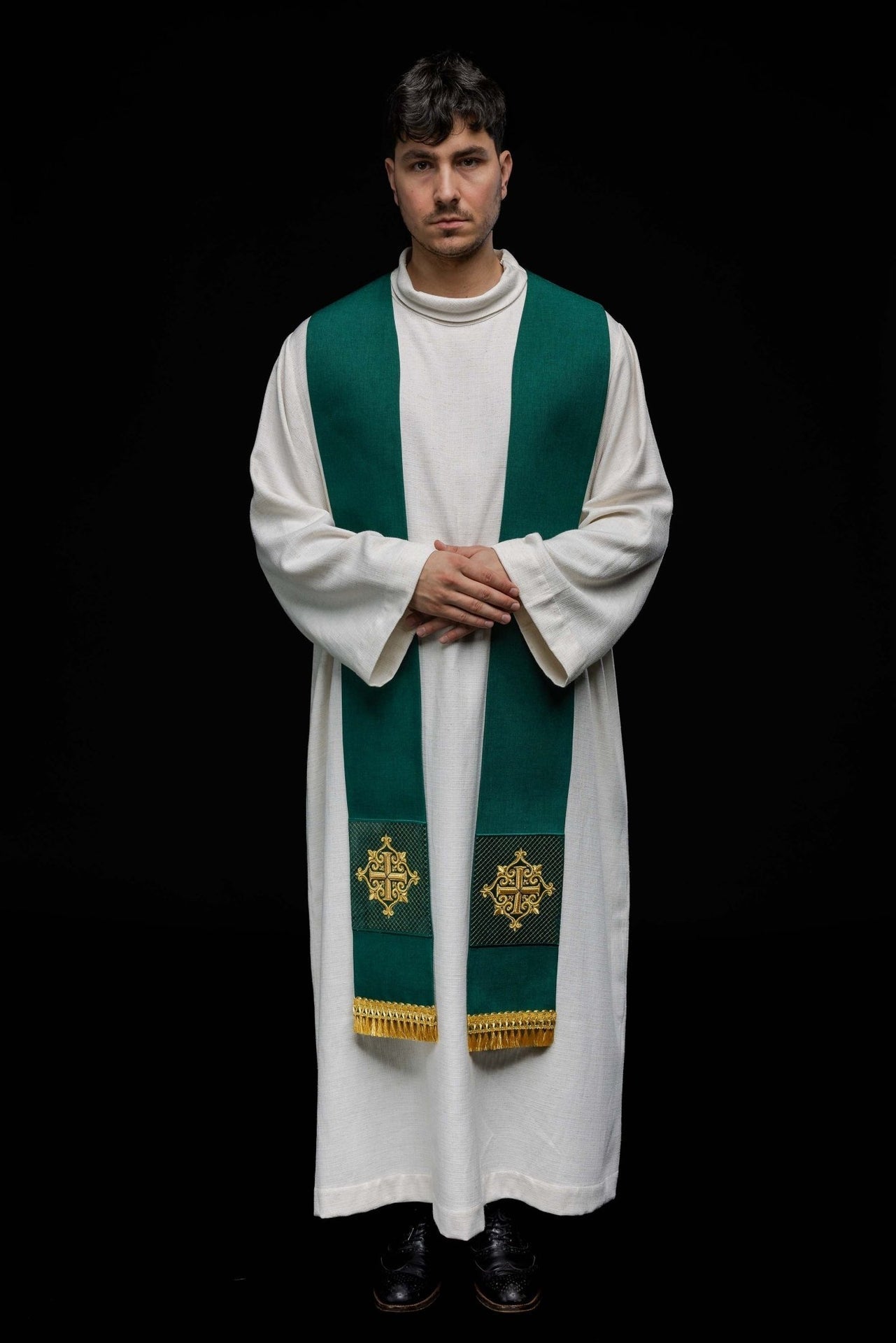 Stuła Liturgiczna Zielona Aksamitna z Haftowanym Krzyżem - alba.pl
