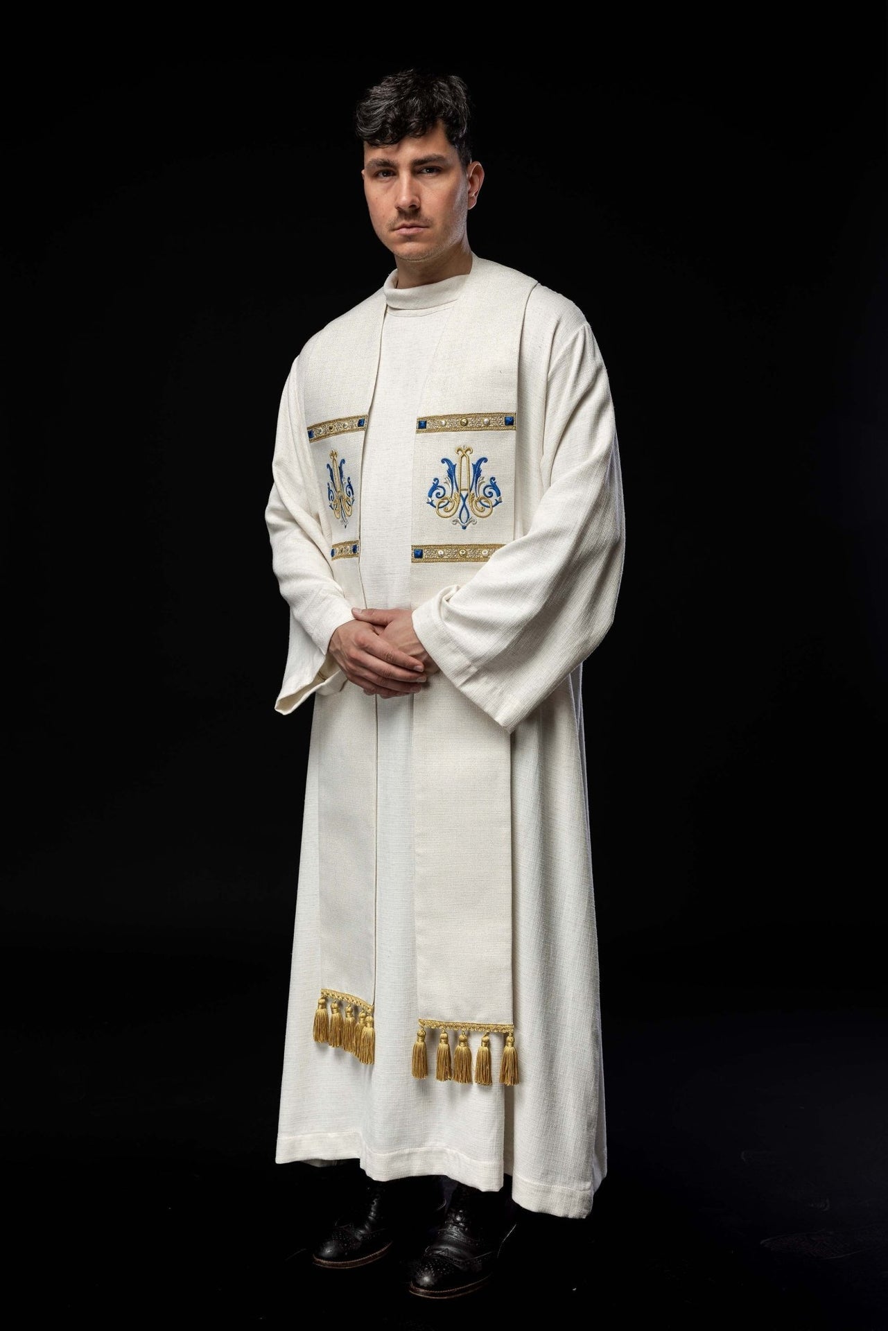 Stuła Maryjna Haftowana Ecru Złoto-Niebieska Liturgiczna - alba.pl
