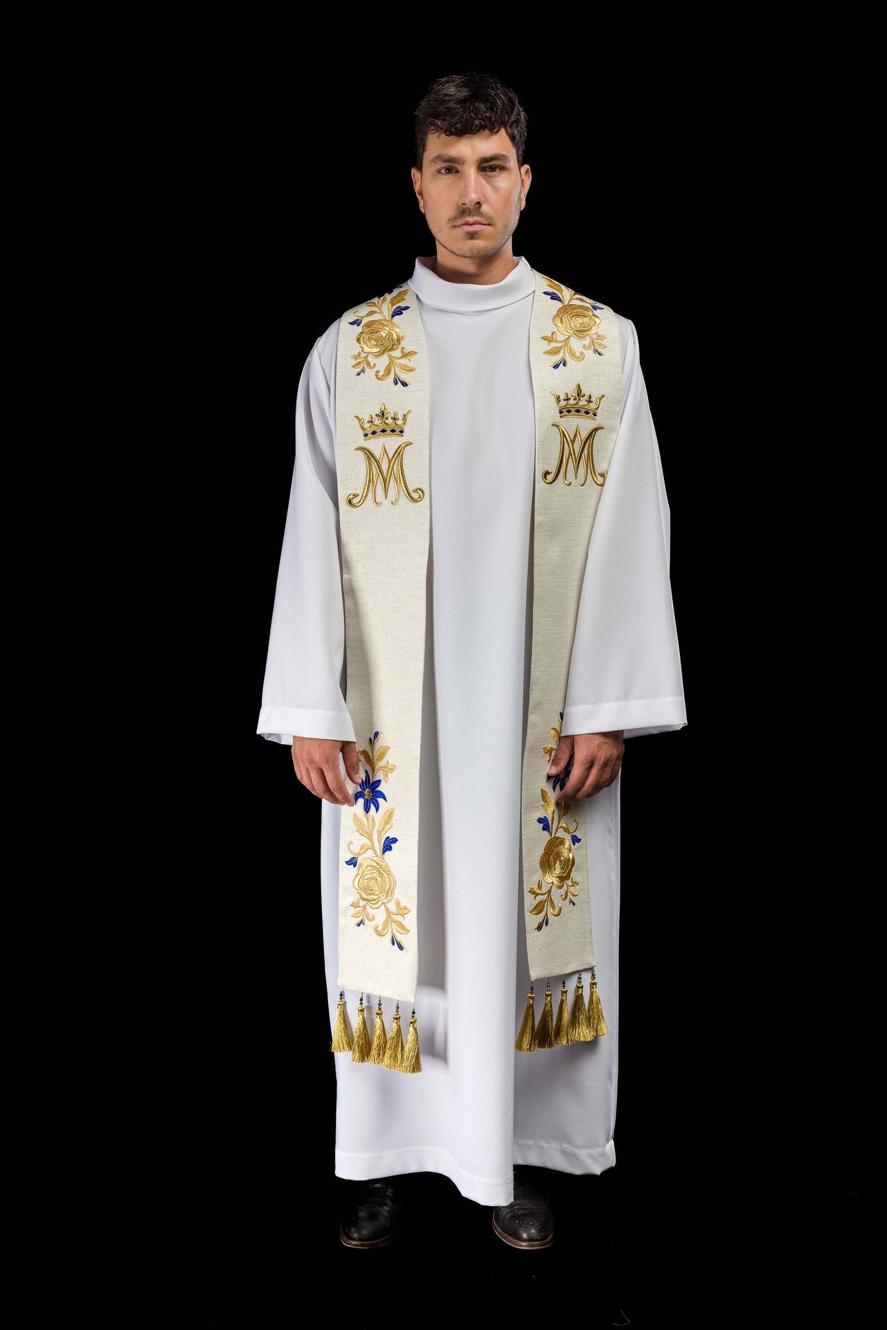 Stuła Maryjna Haftowana Ecru Złoto-Niebieska - Liturgiczna Elegancja - alba.pl