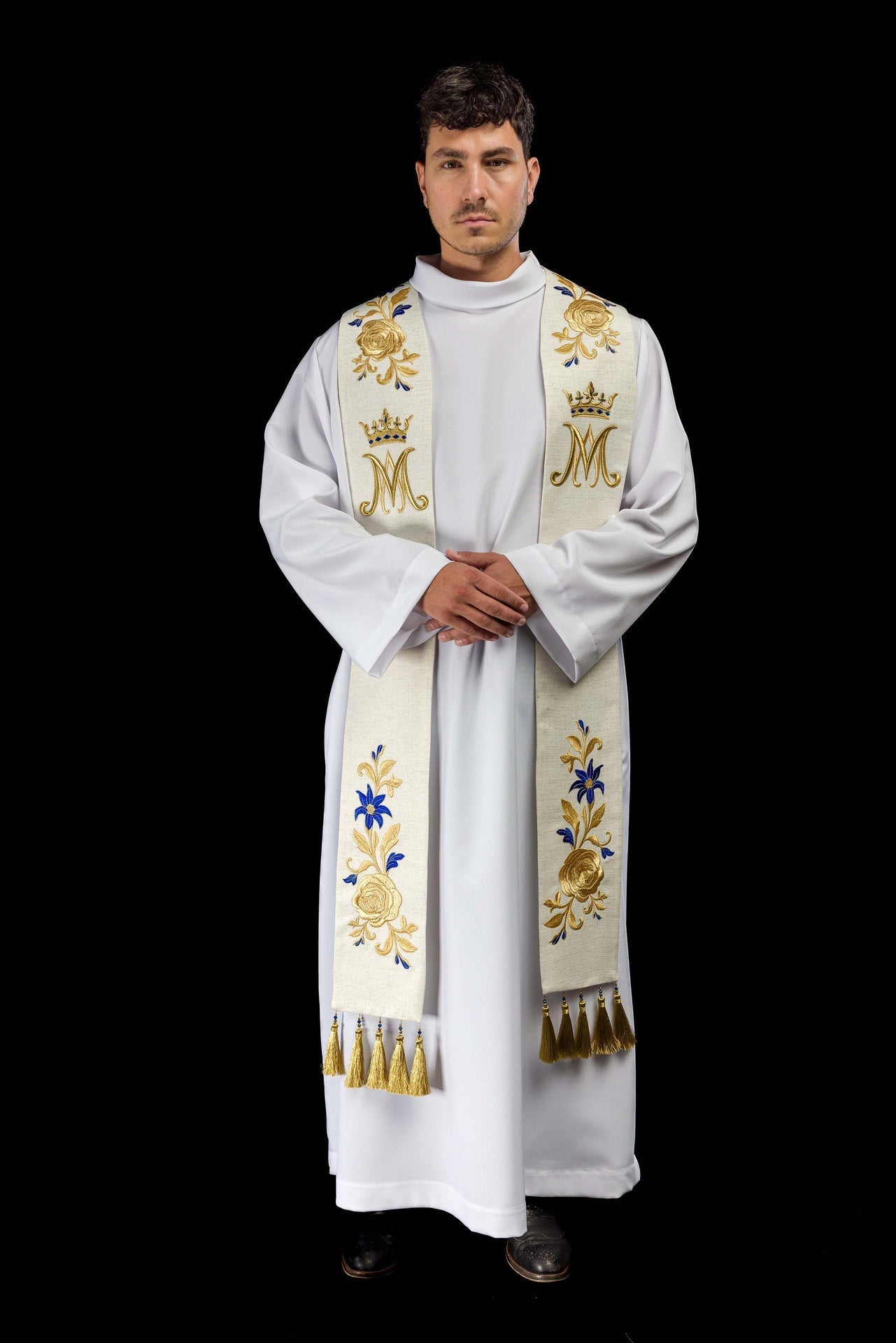 Stuła Maryjna Haftowana Ecru Złoto-Niebieska - Liturgiczna Elegancja - alba.pl