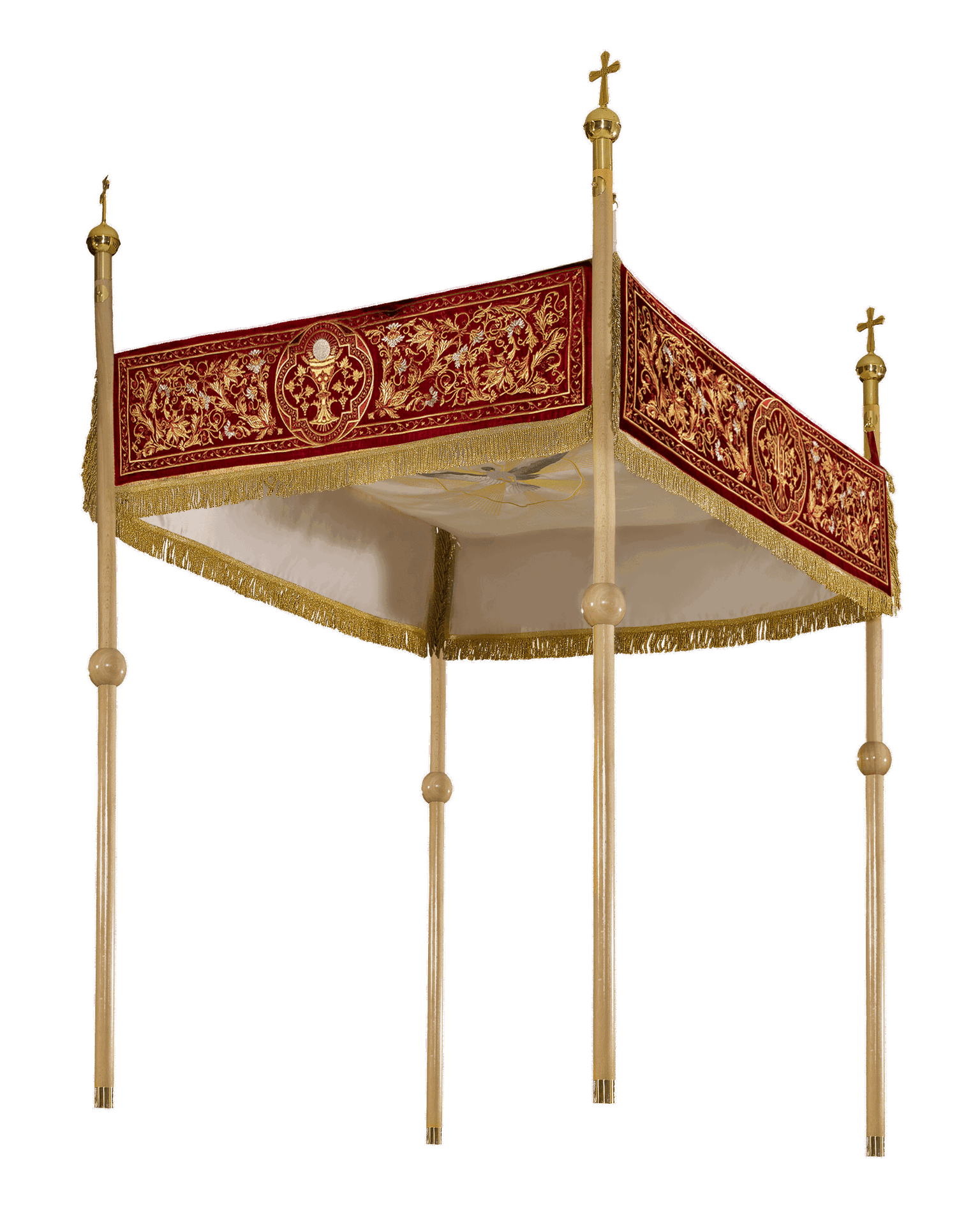 Baldachim procesyjny bordowy z haftem Serca Jezusa, kielicha i Chi Rho, 140×160 cm - alba.pl