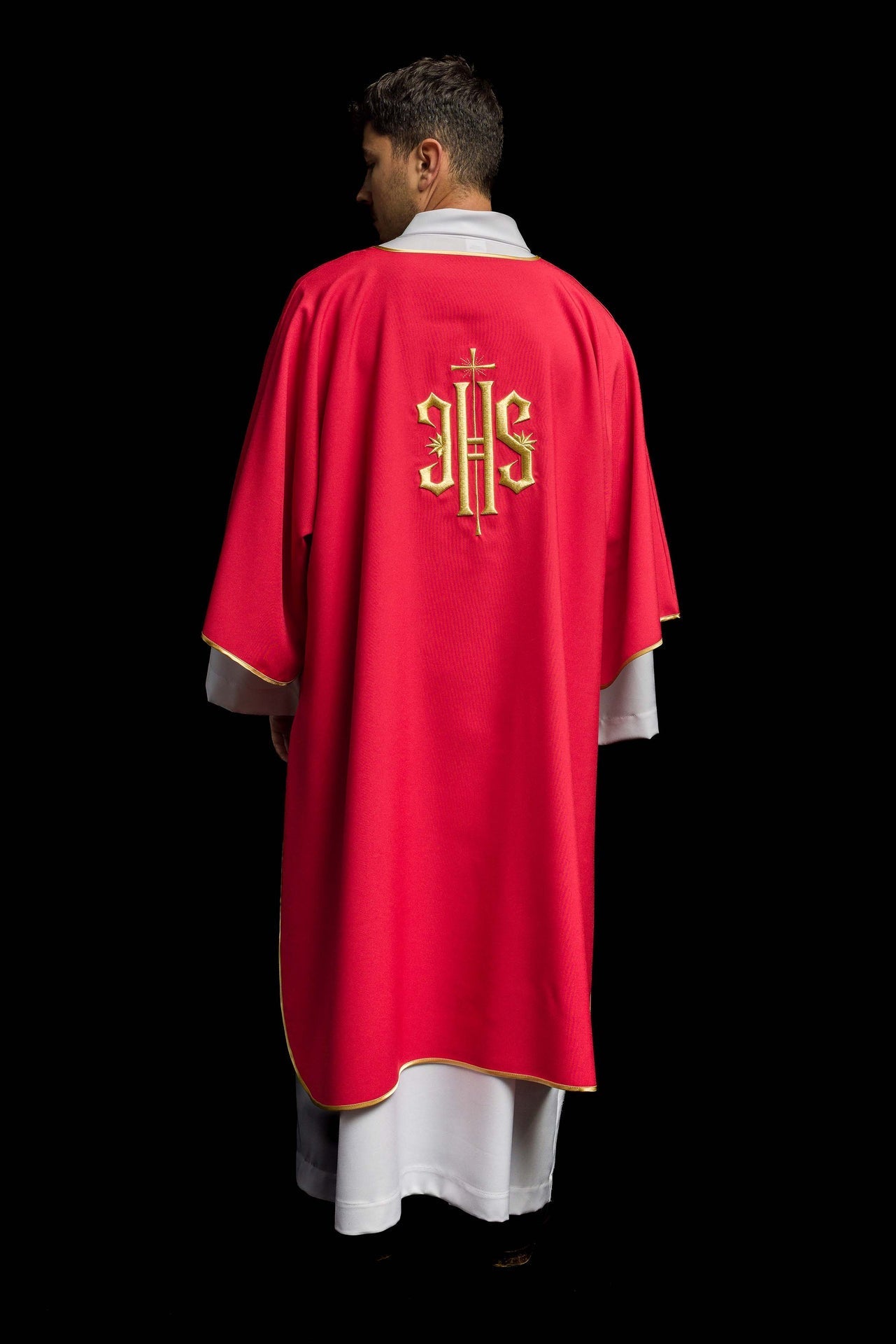Dalmatyka Liturgiczna Czerwona z Haftowanym IHS - Złota Lamówka - alba.pl