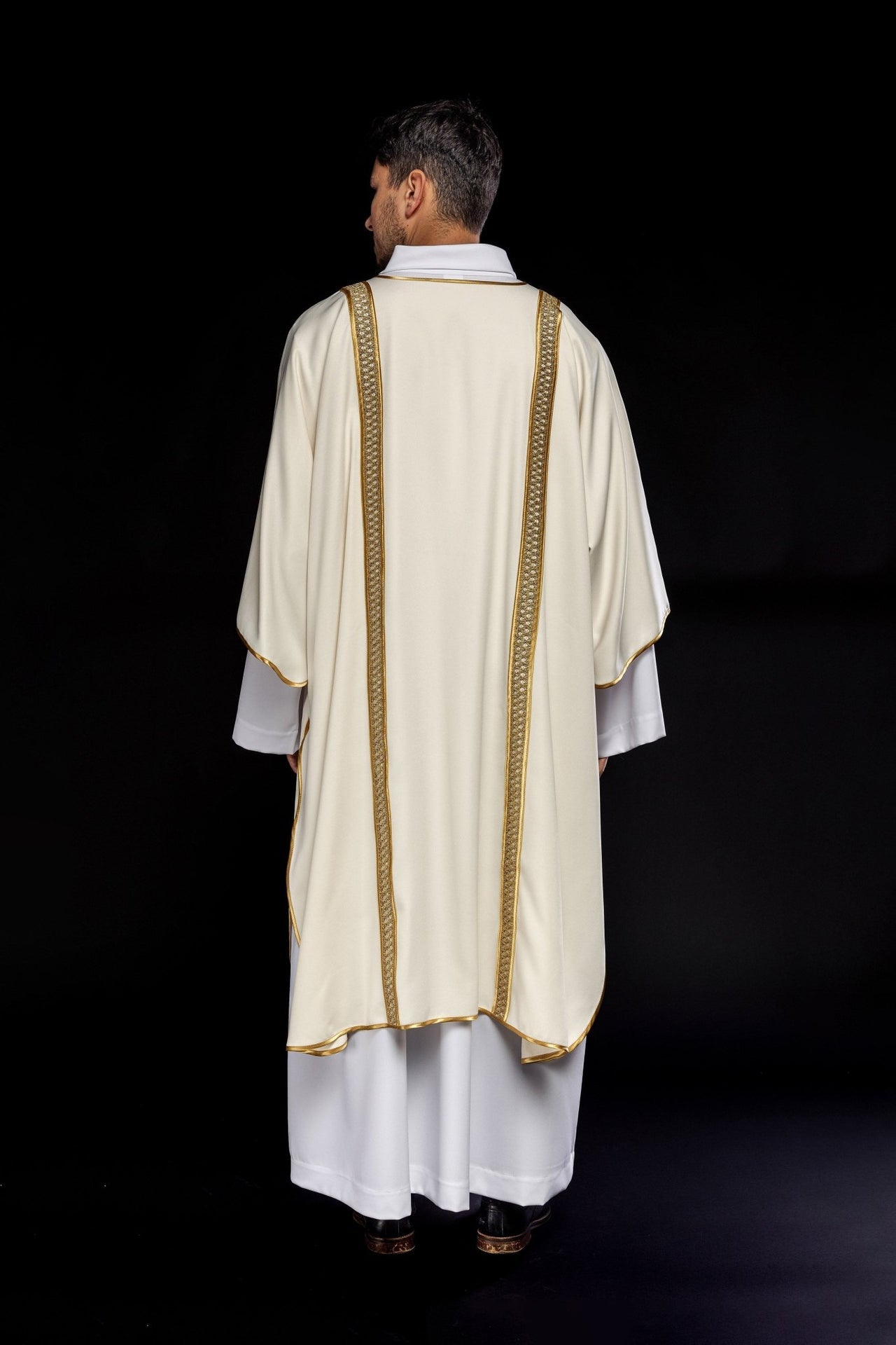 Dalmatyka Liturgiczna Ecru Złote Pasy - Elegancka Szata Diakońska - alba.pl