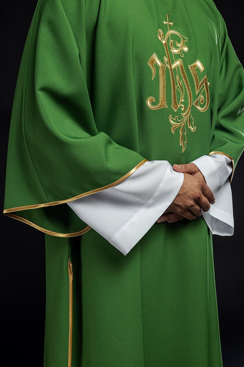 Dalmatyka Liturgiczna Zielona Haft IHS Złota Lamówka - alba.pl