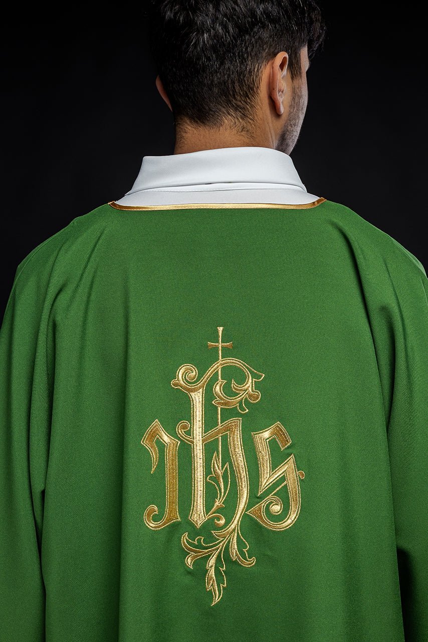 Dalmatyka Liturgiczna Zielona Haft IHS Złota Lamówka - alba.pl