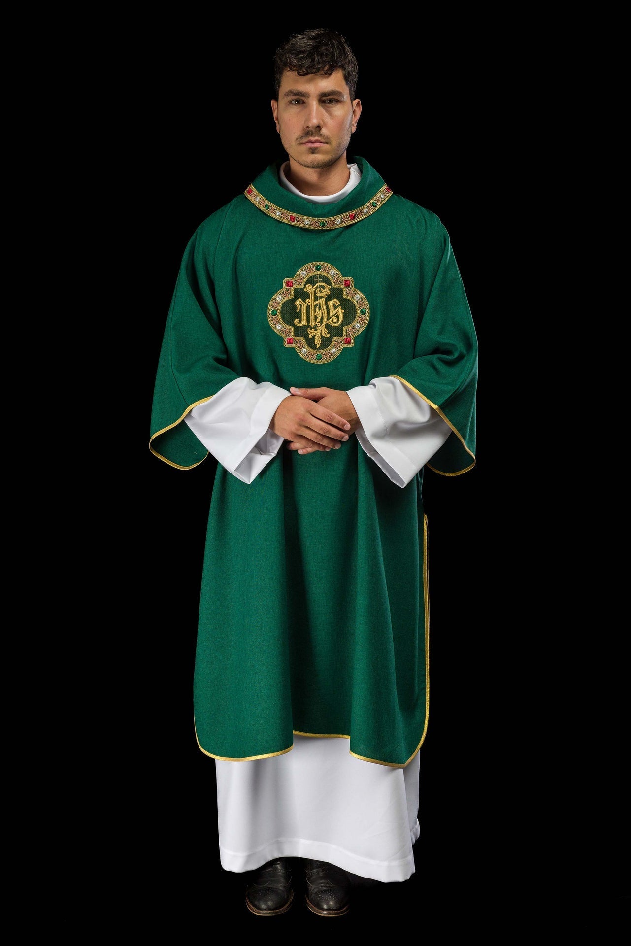 Dalmatyka Liturgiczna Zielona z Haftem IHS - Polska Produkcja - alba.pl