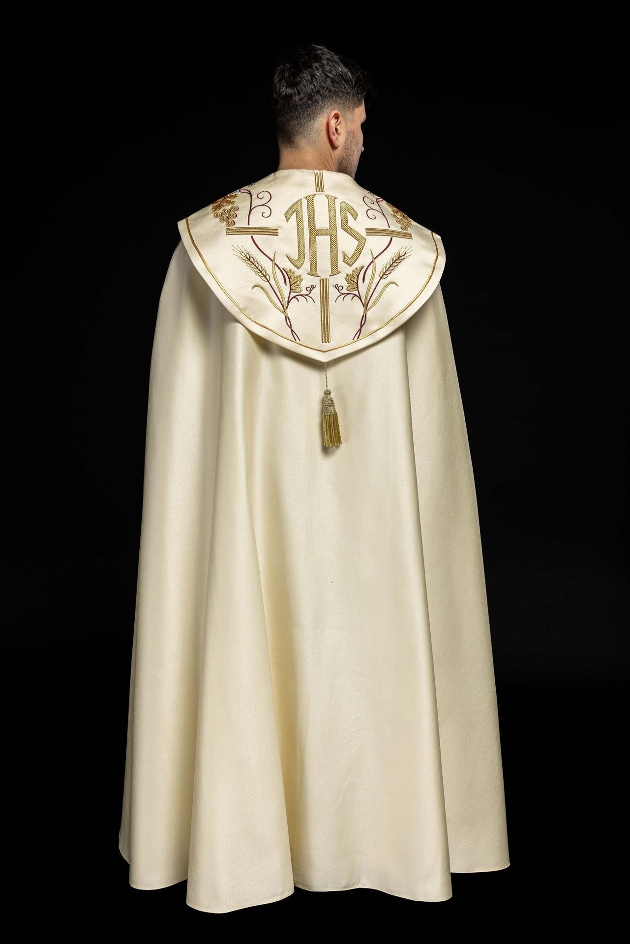 Kapa Liturgiczna Ecru IHS Winogrona - Złoto Bordowy Haft - alba.pl